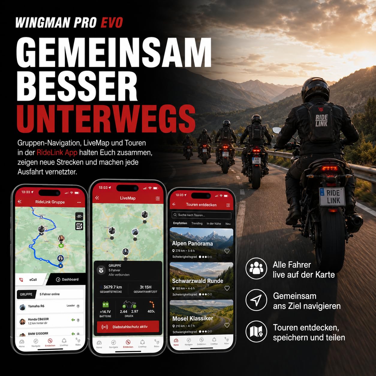GPS Tracker Motorrad RideLink Wingman Pro Evo | 1 Hz Live Tracking, Diebstahlmelder & eCall | Motorrad Navigation, Routenplaner, Community | OBD2 Daten, Schräglage, Fahranalyse | IP67 | Made in Japan