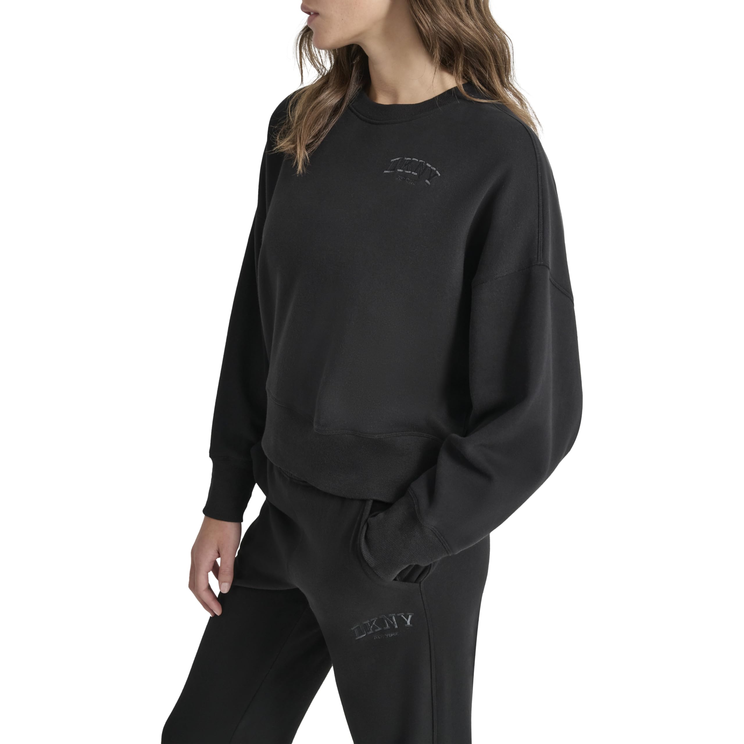 DKNY Damen Pullover Crew Varsity Embroidered Logo Blouson Sleeve Sweatshirt Kapuzenpullover