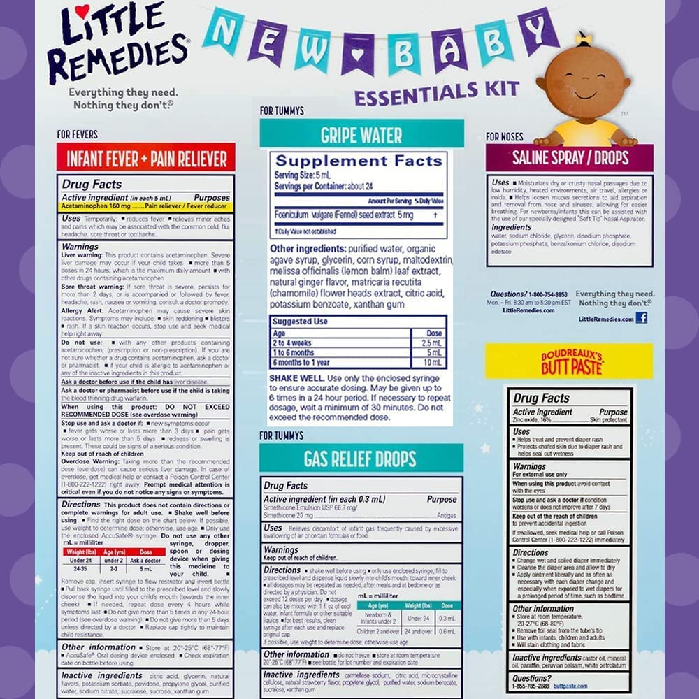 Little Remedies New Baby Essentials Kit with Saline Nasal Spray, Diaper Rash Cream, Gas Relief Drops, Gripe Water, 5 Products Included, White | Baby Care Set, Newborn Essentials, Saline Nasal Spray, Diaper Rash Cream, Gas Relief Drops, Gripe Water, Baby Pain Reliever
