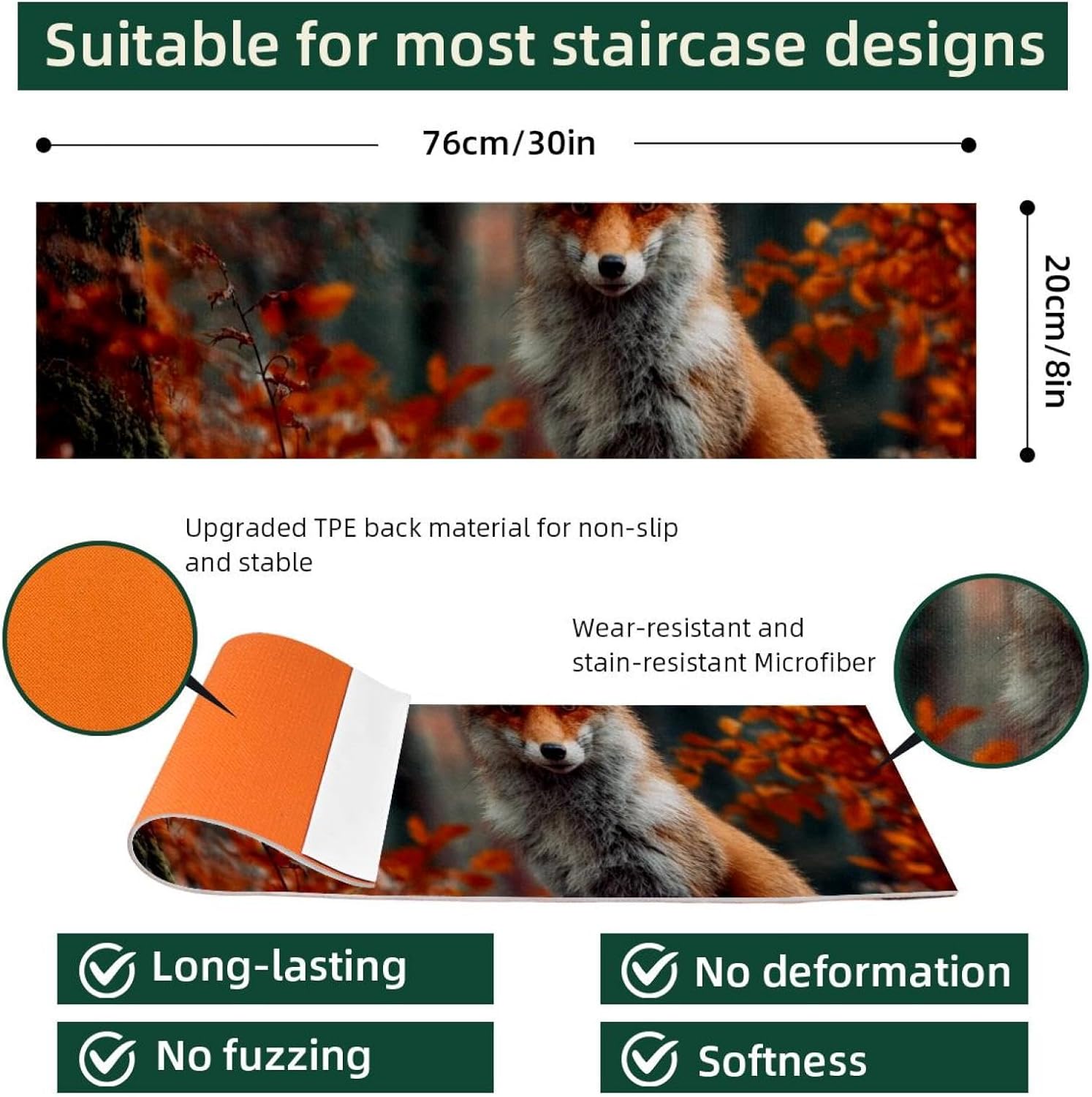 15 Pack Stair Treads for Wooden Steps, Indoor Non-Slip Staircase Step Treads Carpet Mat, Autumn Forest Fox (7) Stair Mats for Pets Dogs Elders 8x30In