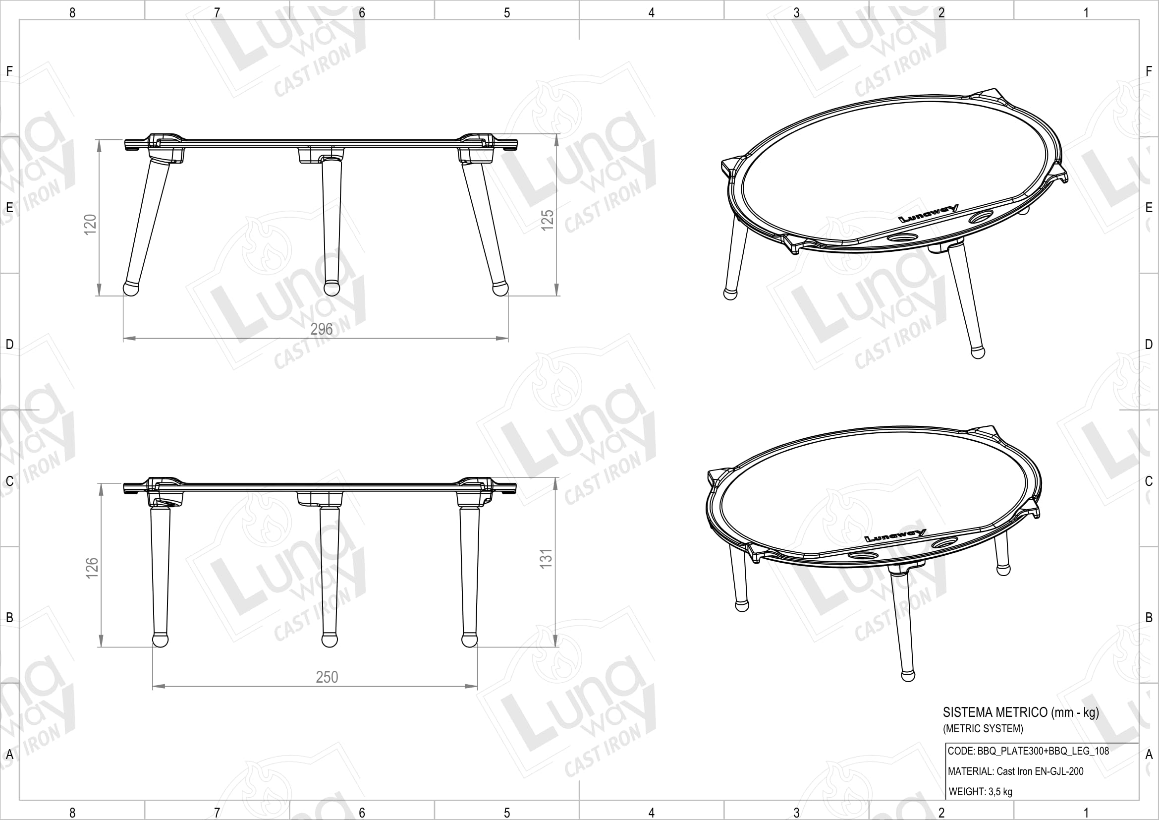 Piastra Ø30 cm in Ghisa smaltata | Per Barbecue Camino Braciere Fornelli e Fuovo vivo | Piedini Regolabili | Compatibile con Weber e similari | Doppia Smaltatura Black di LUNAWAY