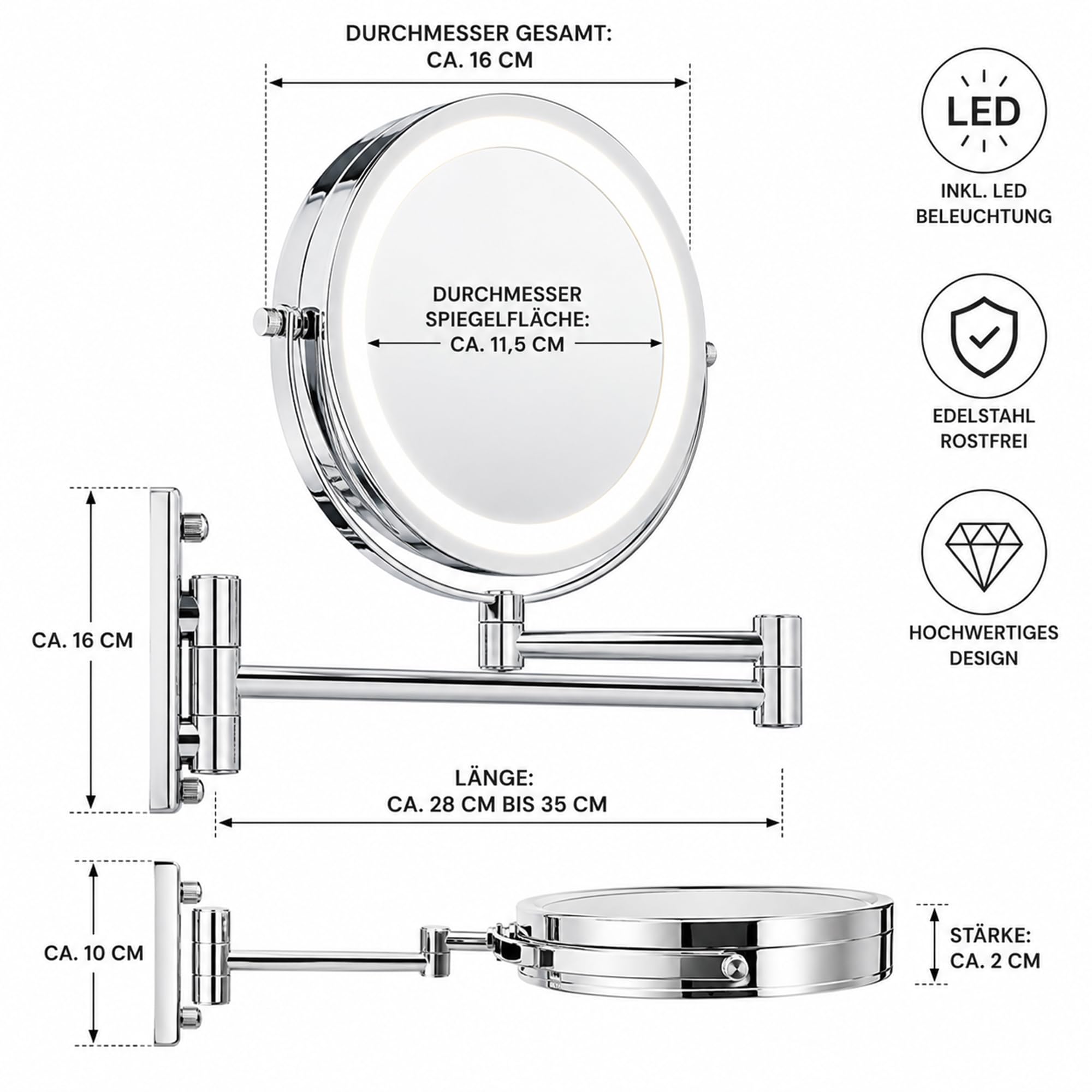 Mucola Kosmetikspiegel Schminkspiegel LED 10-Fach Vergrößerung Wandmontage | Doppelt schwenkbarer Arm zum Heranziehen, blendfreier Lichtring, für Rasur und präzises Styling, Chromoptik rostresistent