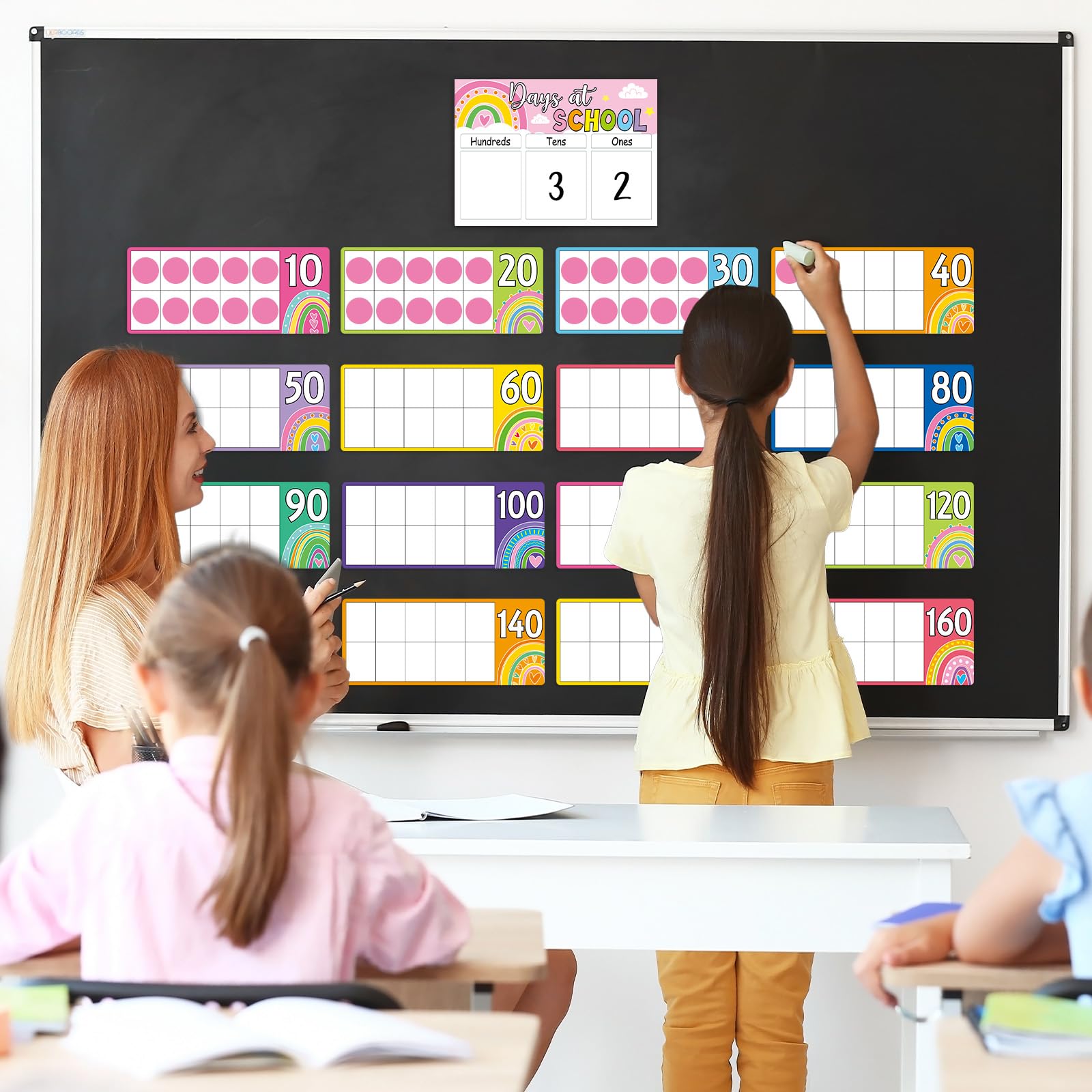 Poster coloré avec chiffres du jour pour le premier jour d'école - Compte à rebours pour la rentrée scolaire - Tableau d'affichage arc-en-ciel pour salle de classe (centaines de dizaines d'unes