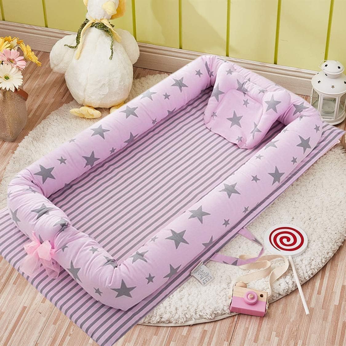Inllex Baby Nest, Baby Lounger Pink Stars Portable Super Soft 100% Cotton and Breathable Newborn Lounger- Perfect for Co-Sleeping