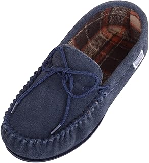 Mens Cotton Lined Suede Moccasin Slipper with Rubber Sole