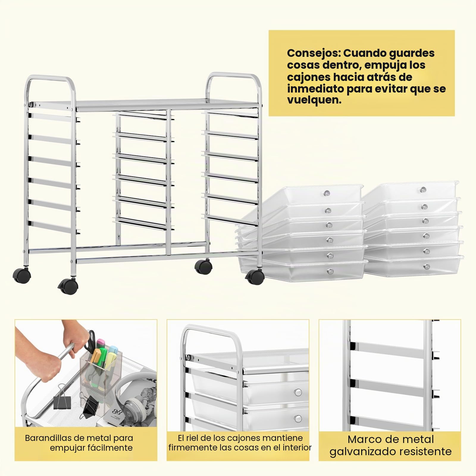 GIANTEX Carro de Almacenamiento con 12 Cajones Plásticos, Cajonera con 4 Ruedas 360°, 2 Bloqueables, 64 x 38 x 62 cm, Carrito Auxiliar para Salón, Cocina, Baño (Transparente)