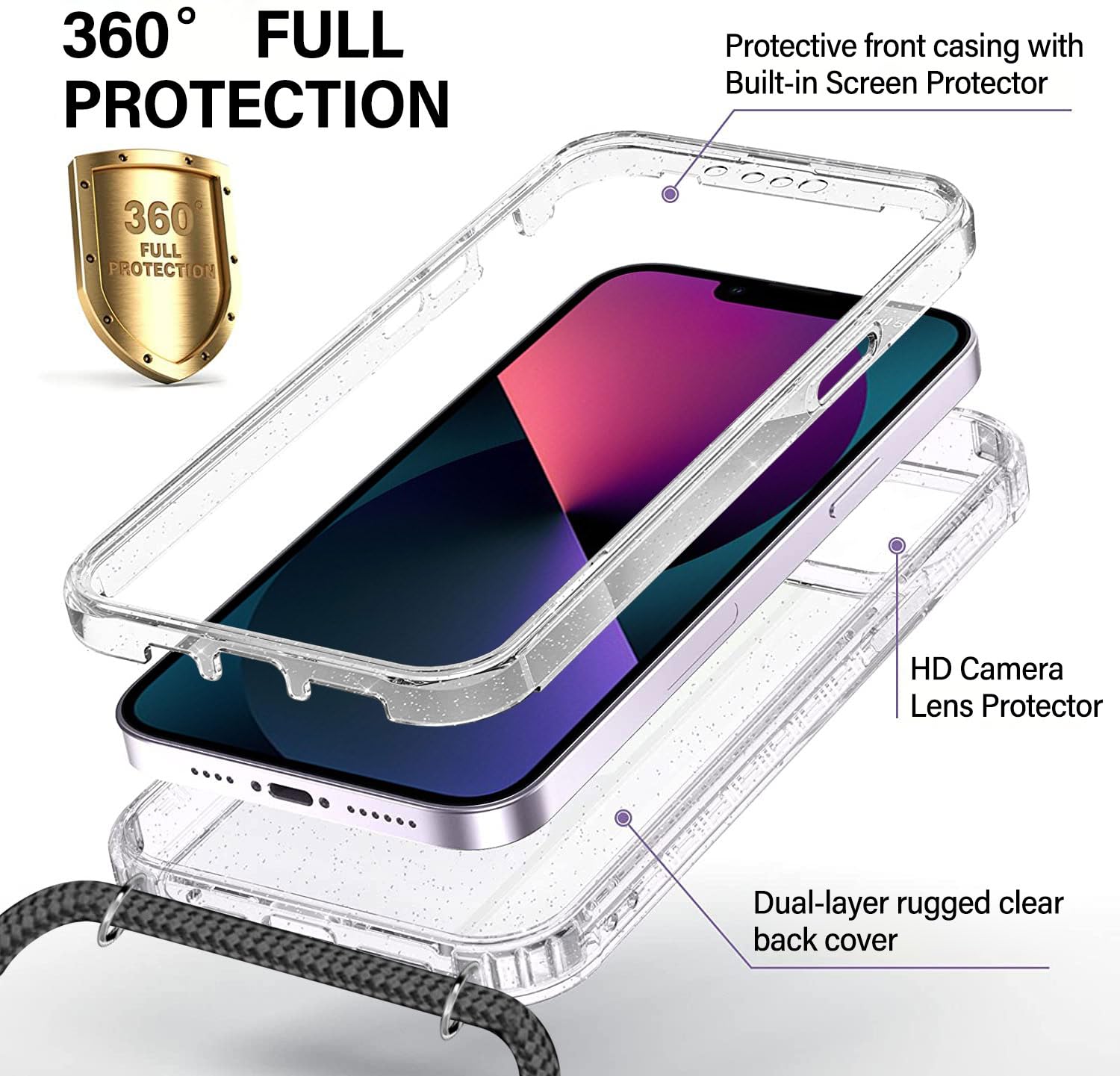 Handyhülle Mit Kette Für IPhone 14/13 - Glitzernd, Mit 3D-Blumen, TPU, Stoßfest