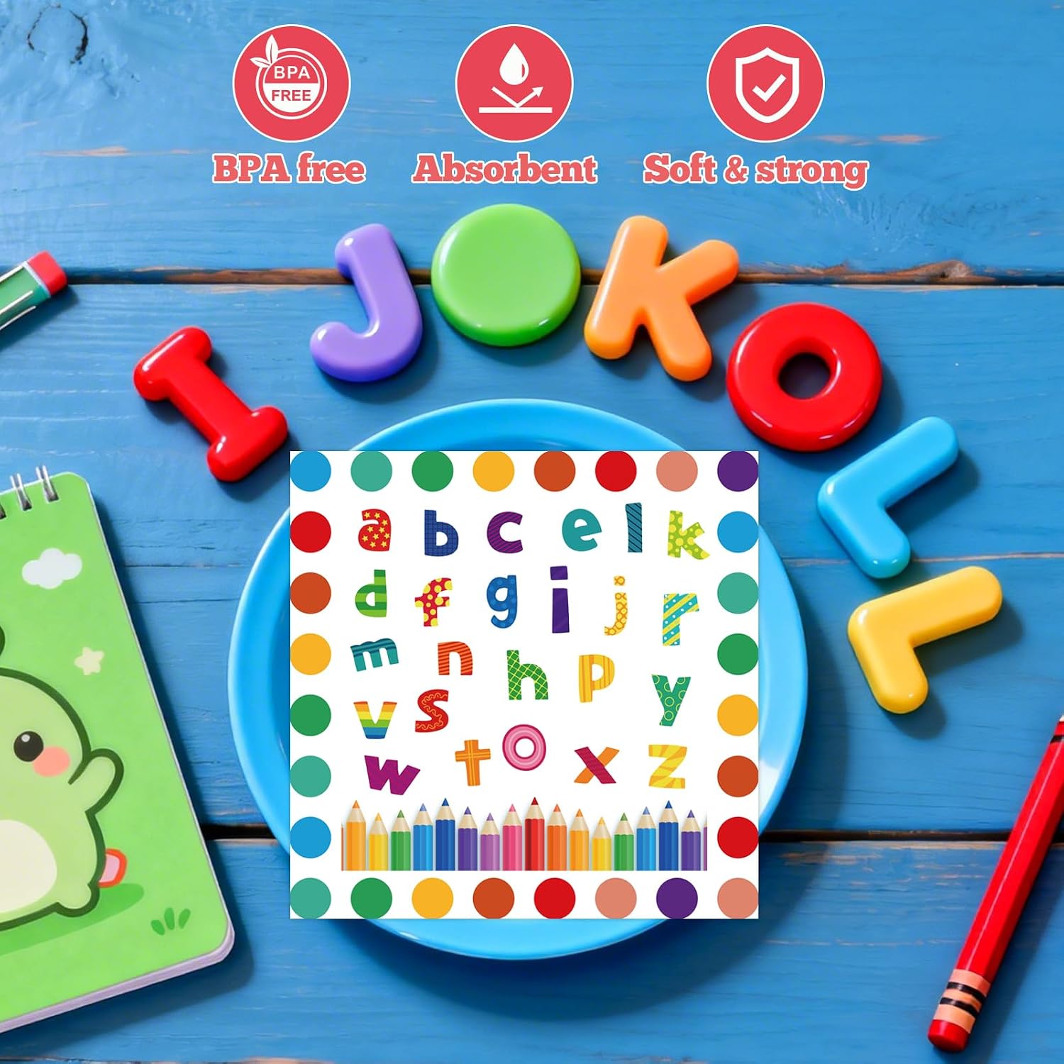 50PCS Alphabet Paper Napkins Party Decorations, Disposable ACB Alphabet Luncheon Napkins for Birthday Kindergarten Graduation Back to School Party Supplies image 4