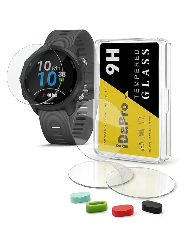 iDaPro [4 Pack] Screen Protector for Garmin Forerunner 245 Music / 245 Smartwatch + Silicone Anti-dust Plugs Tempered Glass Anti-Scratch Bubble-Free by iDaPro - Used condition - CA$11.97