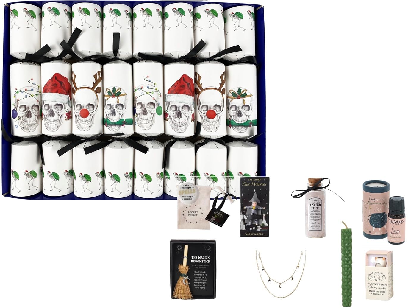 Crackers Ltd White Dark Side Of Christmas Crackers - Set Of 8 Christmas Skull Christmas Crackers - With Themed Gifts, Adjustable Hats And Badges