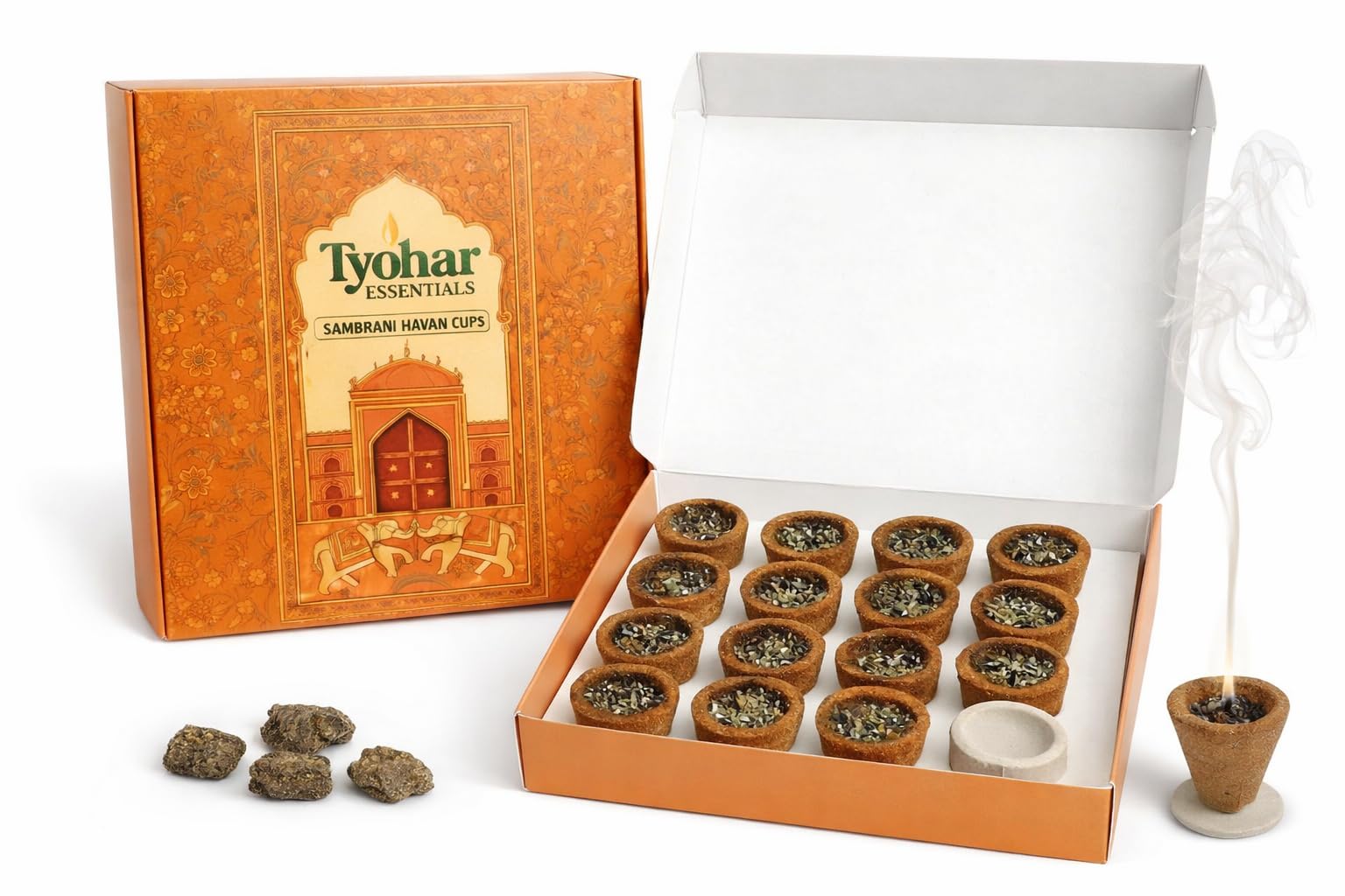 Tyohar Essential Sambrani Havan Cups | Charcoal-Free Puja & Havan Samagri | Traditional Sambrani Aroma | Long Burning | Free Ceramic Plate Included-image-46