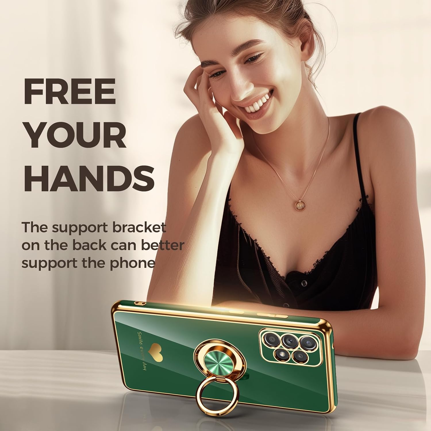 for Samsung Galaxy A52 5G/4G Case with 2 Pack Screen Protector, 360° Rotatable Ring Holder [Luxury Hearts Pattern] Plating Gold Edge Slim Soft Phone Cover Case for Galaxy A52 - Green image 5