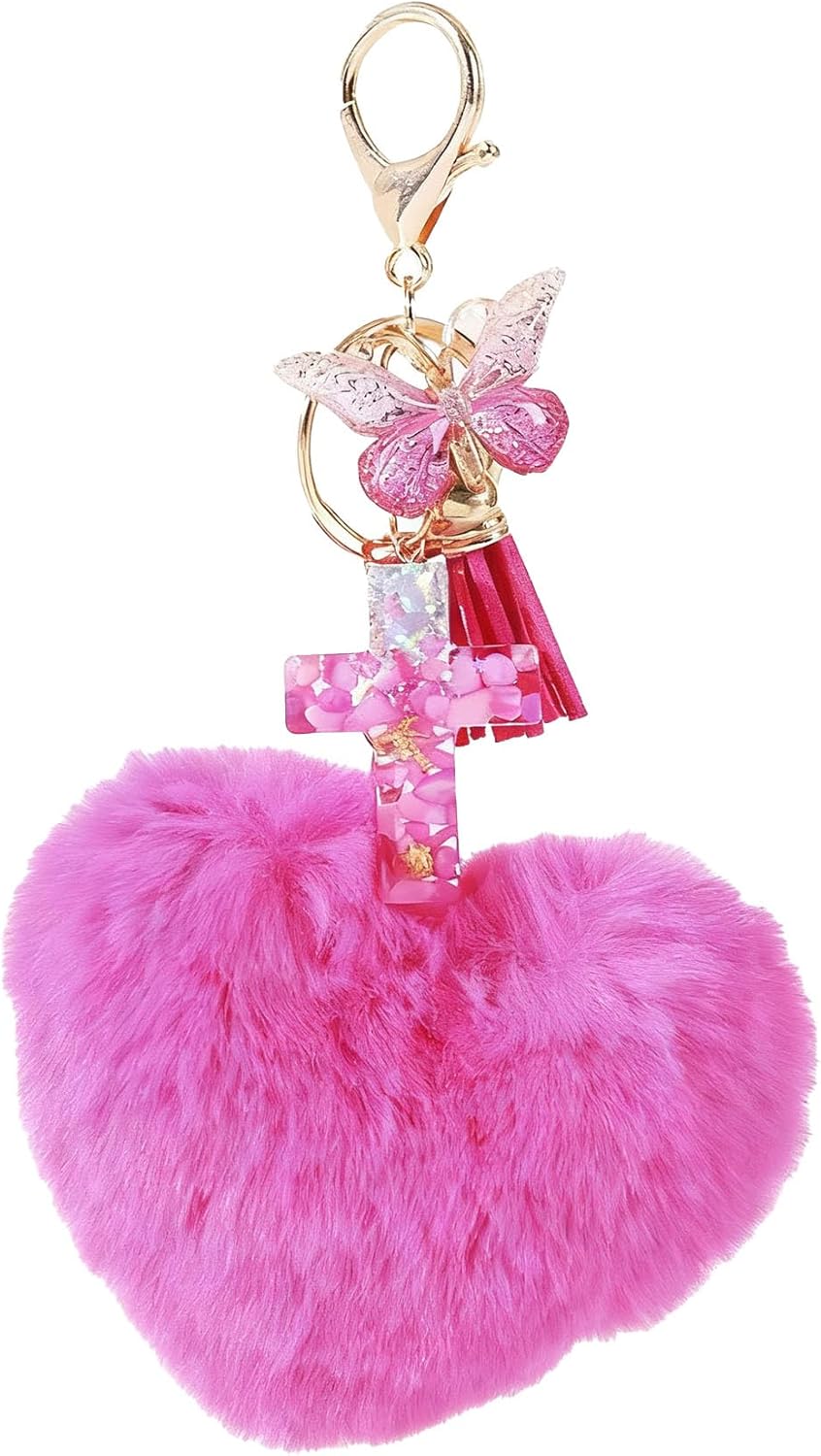 1 Pack Heart Pom Pom Keychain with Pink Rhinestone Butterfly Tassel Charms Pom Fluffy Key Ring for Women Bag Key