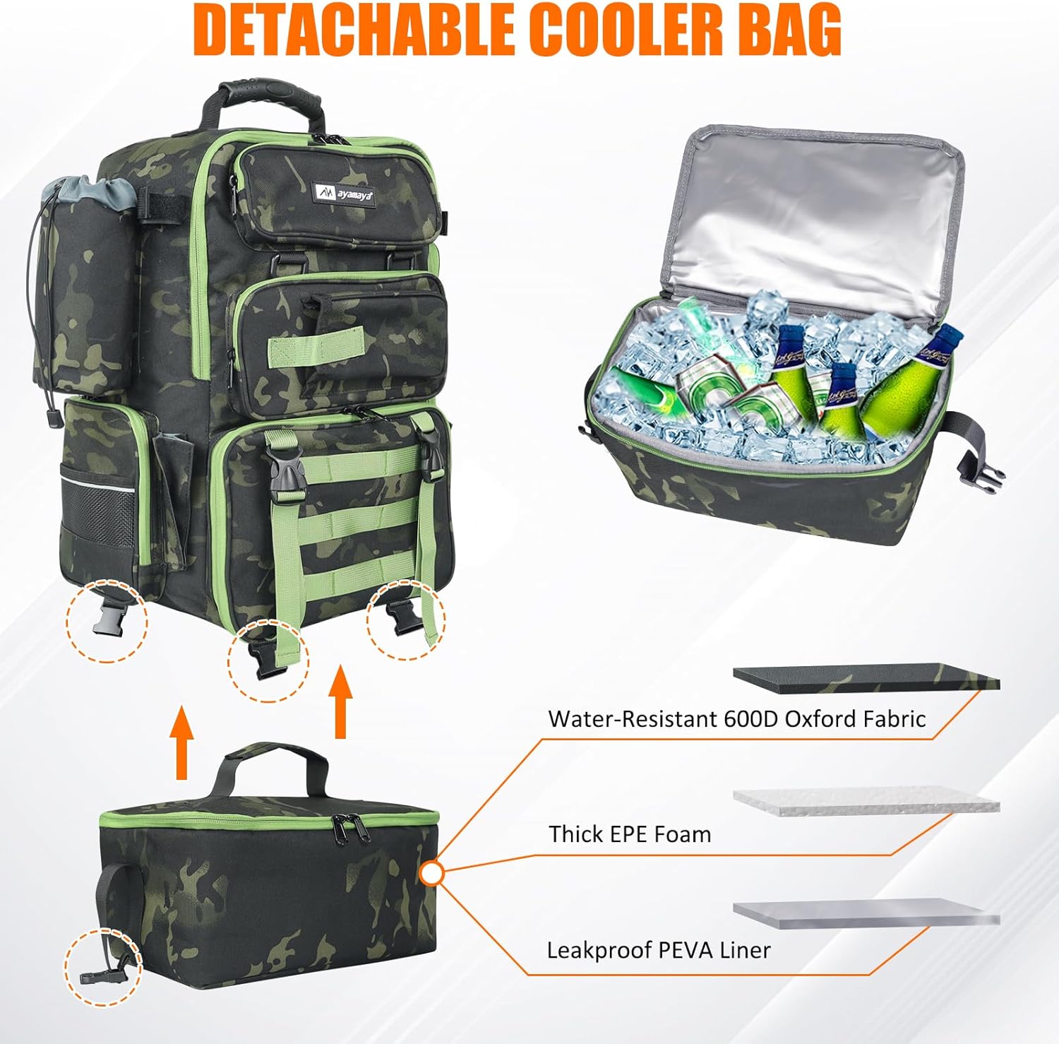ayamaya Fishing Backpack with Cooler, 45L Tackle Backpack with Rod Holders & Insulated Lunch Bag, Large Outdoor Fishing Bag for 4 Tackle Boxes & Gears