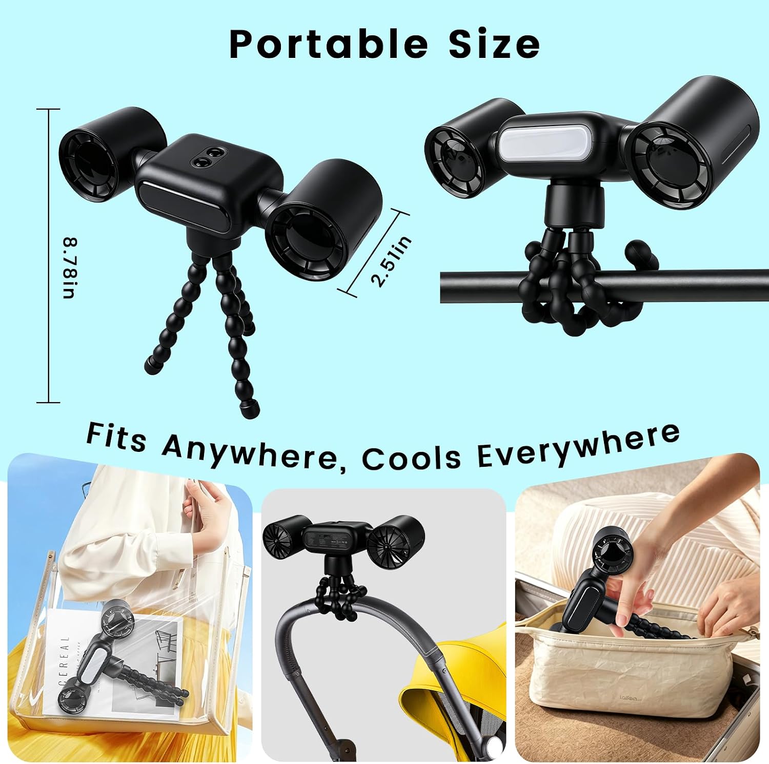 Mini Portable Stroller Fan,Dual-Head Rechargeable Small Clip on Fan,5-Speed Silent Bladeless Fan with Night Light,360° Rotate Personal Cooling Fan for Car Seats, Crib, Travel, Camping (Black)