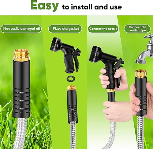 Miniatura 5 de Manguera de jardín de metal de 50 pies, manguera de agua resistente de acero inoxidable con boquilla de 10 funciones, sin torceduras, resistente y