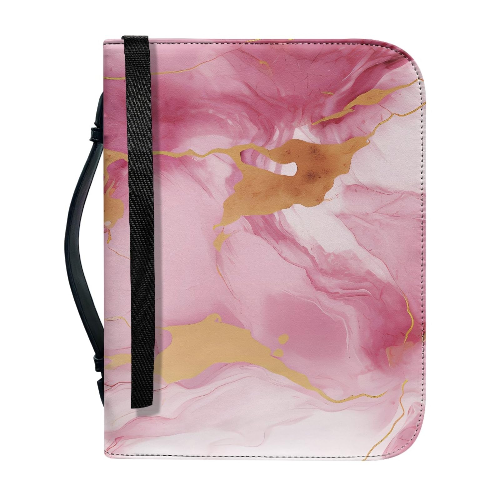 ENEN Bible Cover Tote Bag, 3D Marble Print Bible Bag Bible Cover Case Waterproof PU Leather Large Bible Case/Bible Book Cover with Handle, Zip & Pen Storage (Pink,23.4x16cm)