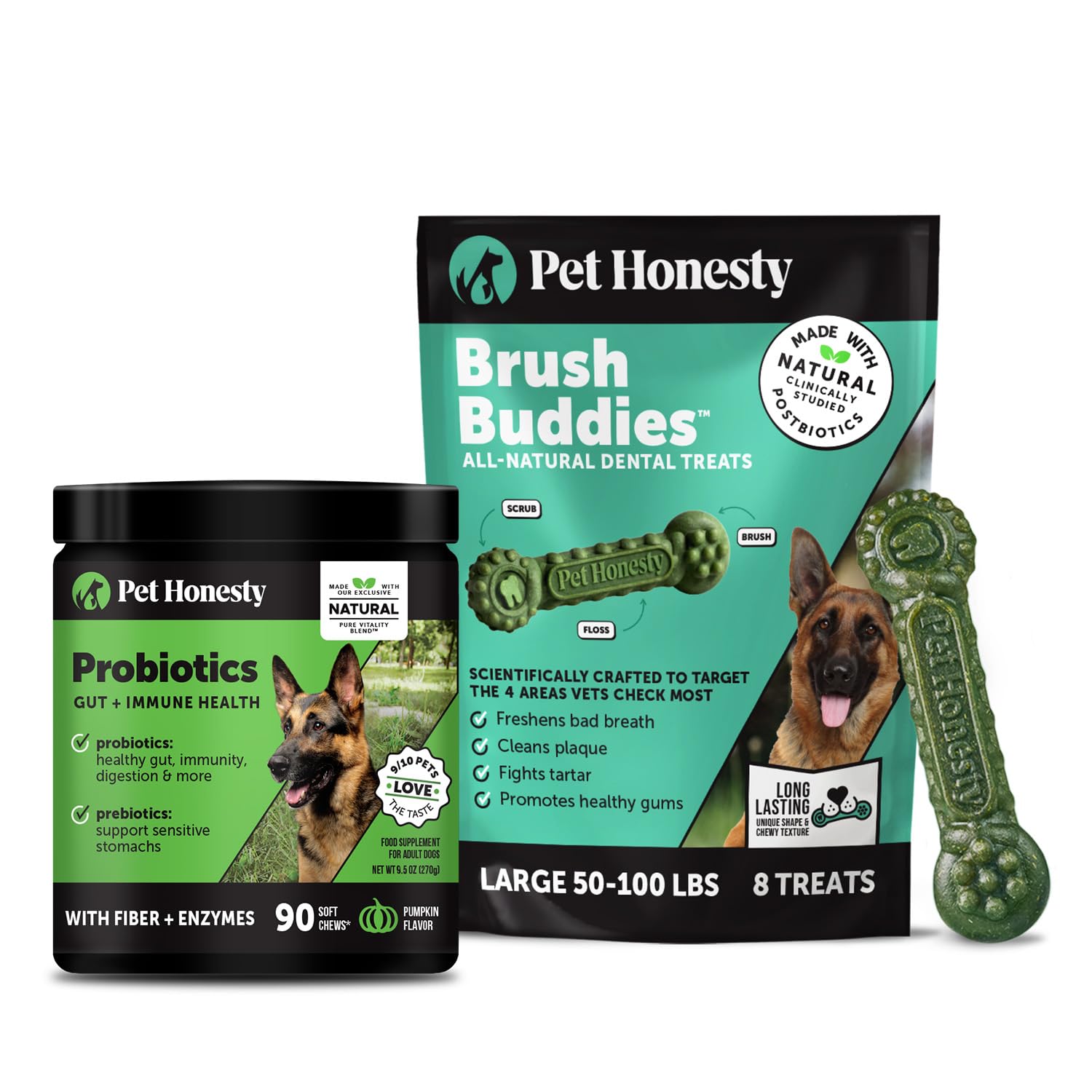 Pet Honesty Dog Wellness Virtual Bundle – Probiotics Supplement (Pumpkin, 90 Ct) + Brush Buddies Dental Sticks for Large Dogs (8 Ct) – Digestive & Dental Support