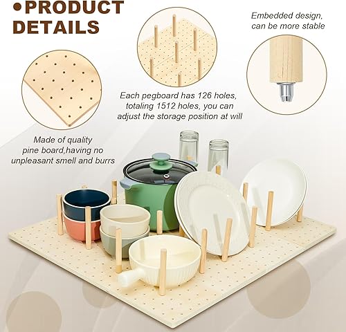 Miniatura 3 de Kigley Organizador de cajones de tablero de clavijas de 12 piezas con 96 piezas de clavijas de madera, organizador de platos de cajones de cocina de