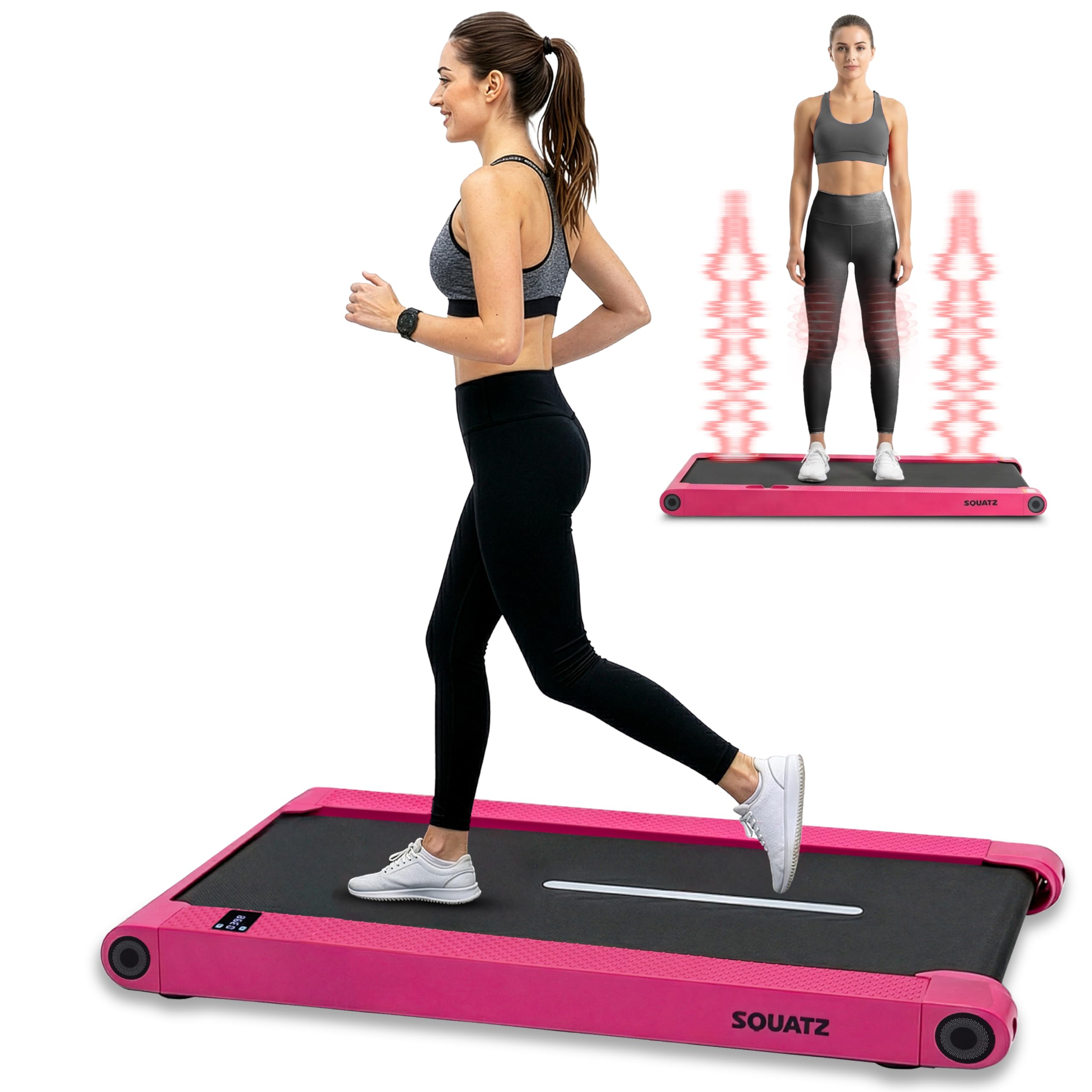 Squatz 2-in-1 Walking Pad Treadmill with Vibration Plates, Compact Under Desk Walking Pad with Remote Control, LED Display, Non-Slip Belt, Quiet 1.0HP Motor for Home or Office Workout (Pinks)