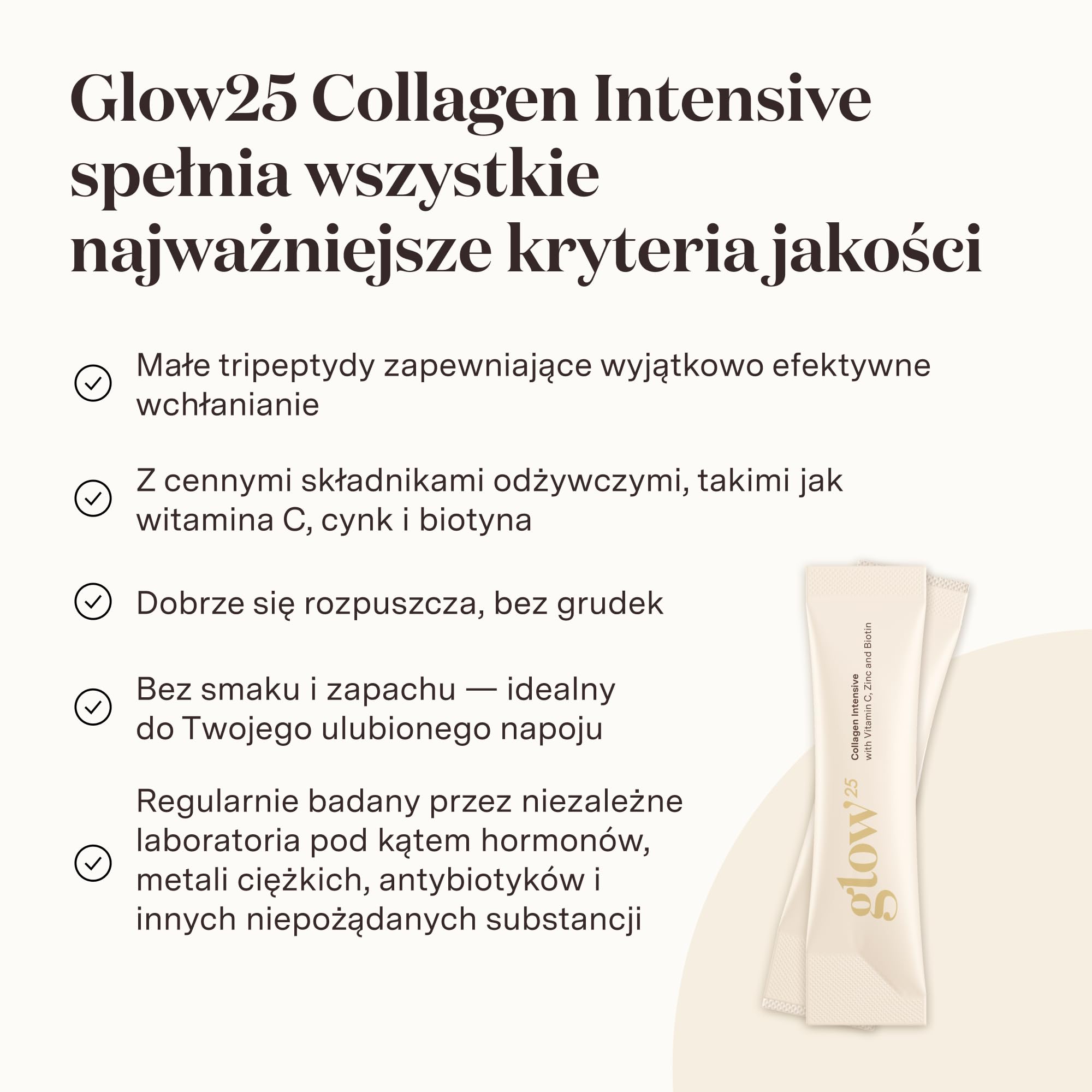 Glow25® Kolagen Intensiv [30 saszetek] – z tripeptydami, witaminą C, cynkiem i biotyną – premium hydrolizat kolagenu – peptydy typu 1 i 3 – dobra rozpuszczalność