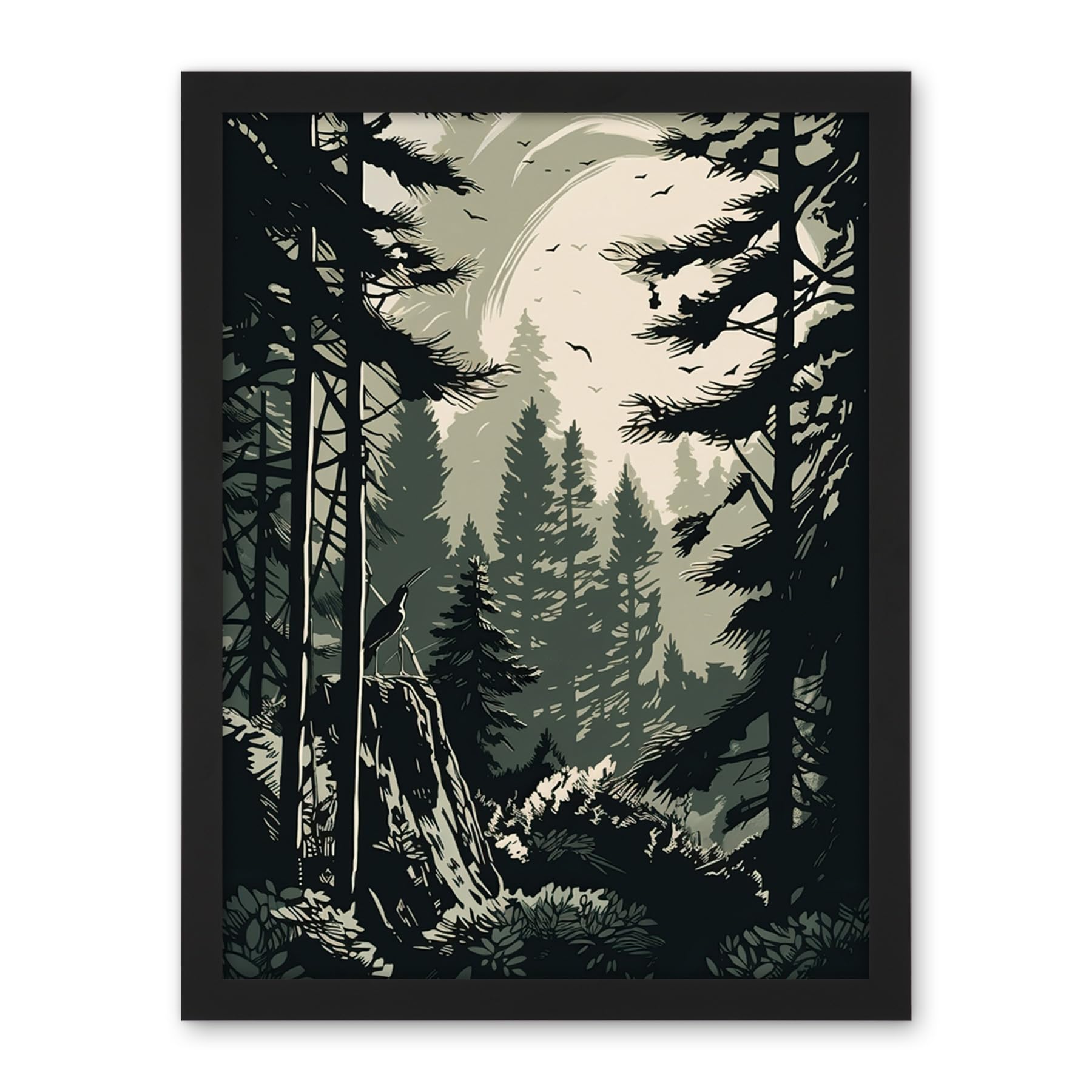 Artery8 Pine Tree Forest Sunrise Landscape Illustration Artwork Framed Wall Art Print 18X24 Inch
