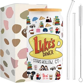 Drinking Glass with Straw and Lid Gilmore Girls Merch Glass with Lid and Straw Complete Set & Double-Sided Print Glass Mug for Girls Teens Fans Gift Coffee Juice Cocktail 500 ml