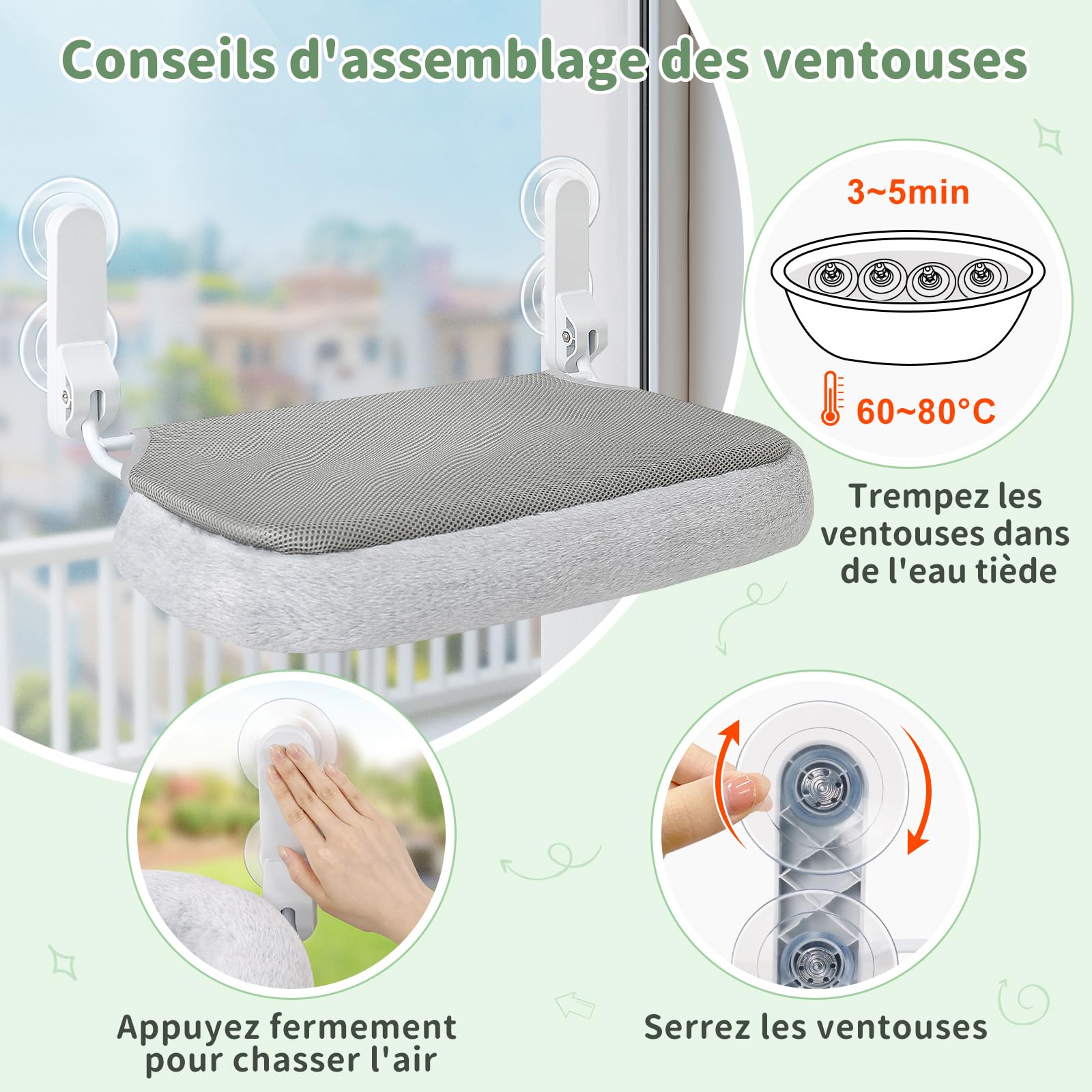 GUUSII HOME Hamac Chat Fenetre Panier Suspendu et Perchoir pour Grande Chats Lit Etagere de Fenêtre Pliable Transat Facile à Monter Housse Lavable en Machine avec Ventouses Support 18kg (Gris)