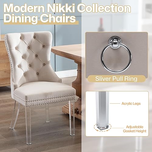 Miniatura 4 de Homedraft Nikki Collection - Juego de 2 sillas de comedor de terciopelo con patas acrílicas y anillo de tracción, silla auxiliar de lujo con ribete