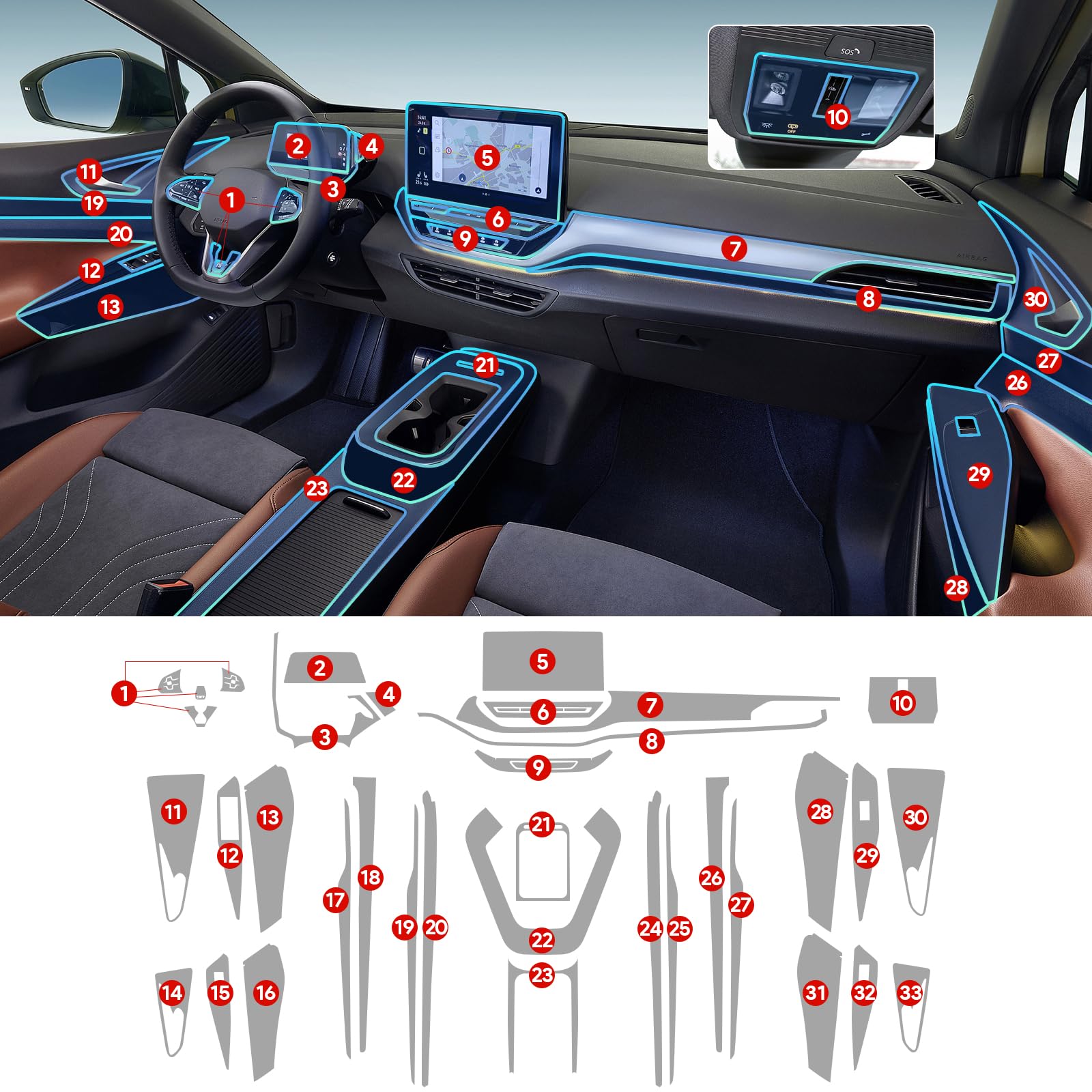 für Volkswagen VW ID.4 Crozz/GTX/X/Pro 2021-2024 8.5mil TPU PPF Vorgeschnittene Selbstklebende Autoinnenraum Transparent Lackschutzfolie Zubehör Kompletter Satz (VW ID.4 Crozz/GTX 42 Stück)