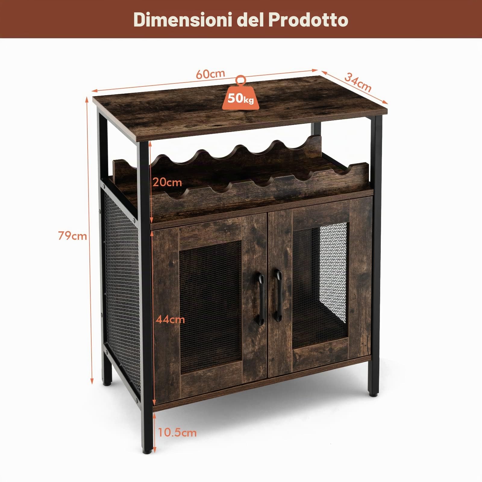 GIANTEX Cantinetta Porta Bottiglie da Vino, Credenza Industriale con 5 Portabottiglie Rimovibili, con Porta in Metallo a Rete Metallica, 60x34x79cm (Marrone)