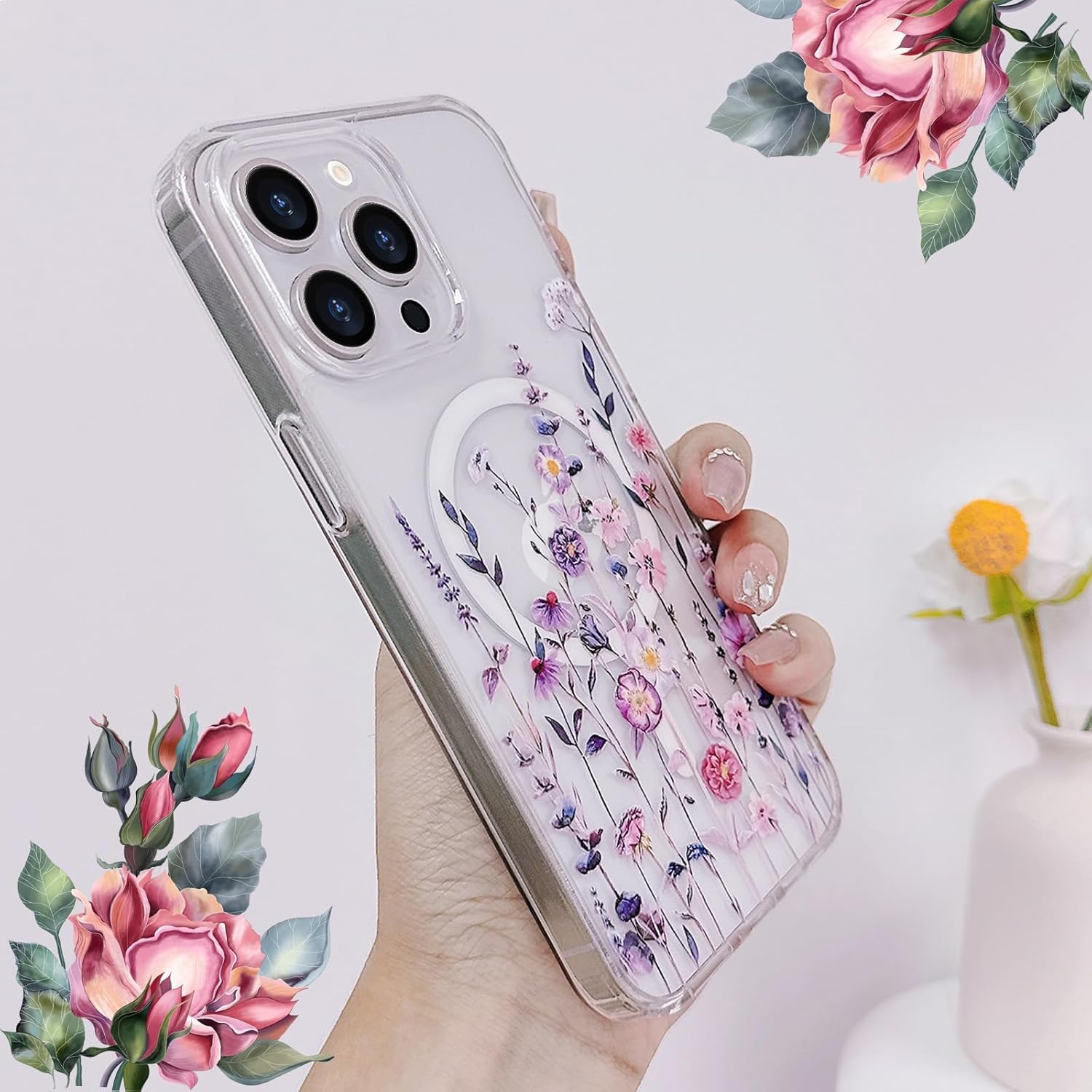 for iPhone 13 Pro Case [Compatible with Magsafe], Cute Flower Girls Women Clear Case Silicone Shockproof Protective Cover with Pretty Floral Pattern for iPhone 13 Pro,Muticolor - Image 5
