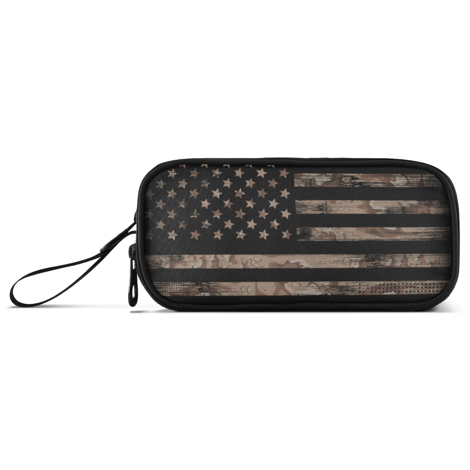 Fisyme Vintage Brown American Flag Pencil Case Large Capacity Pen Box Makeup Pouch Holder Organizer Stationery Bag for School Office College Traval