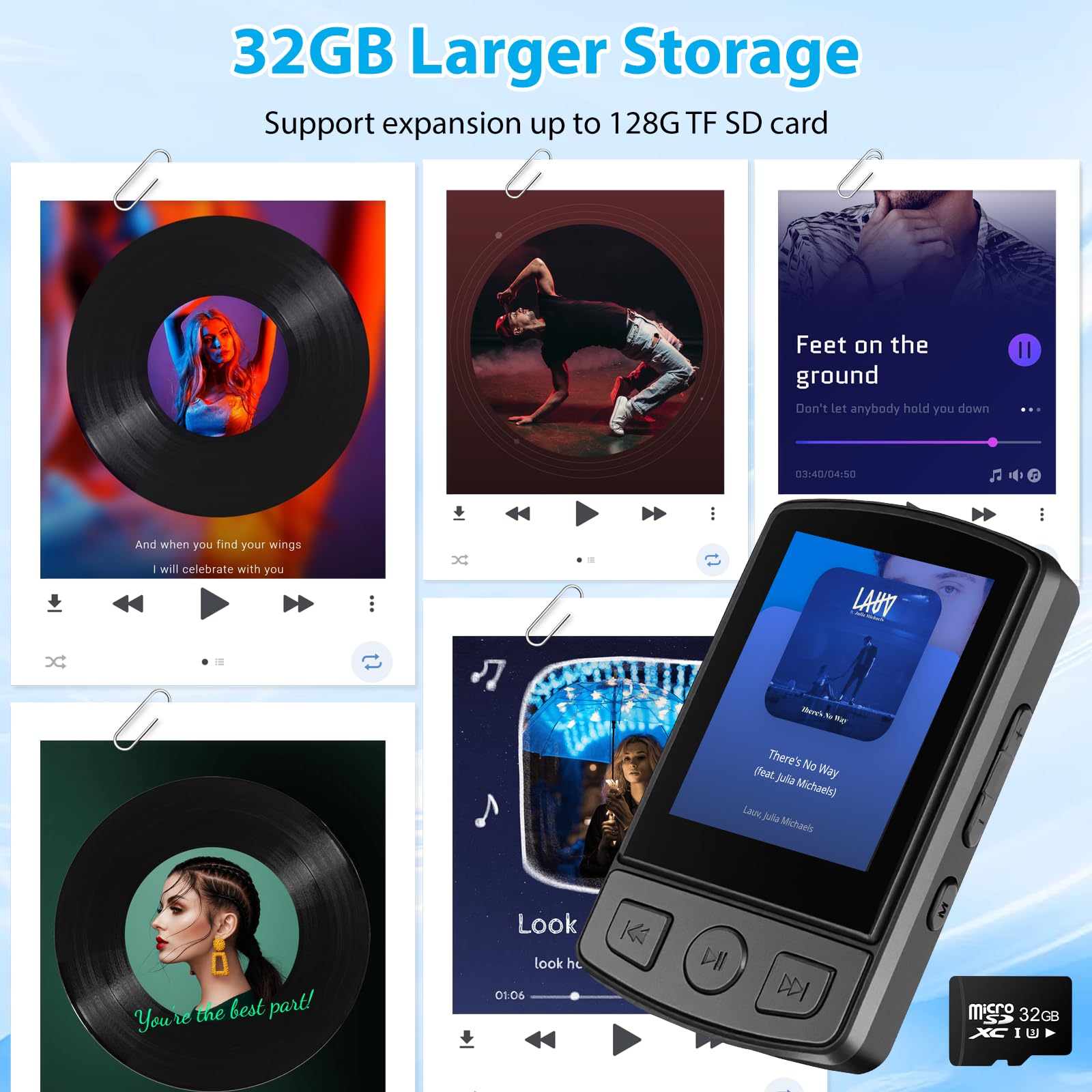 Lettore MP3 Bluetooth 5.2 – 1,8 pollici TFT schermo a colori con clip Sport 32 GB MP3 – lettore radio FM, altoparlante con cuffie, espandibile fino a 128 GB scheda SD per bambini e adulti