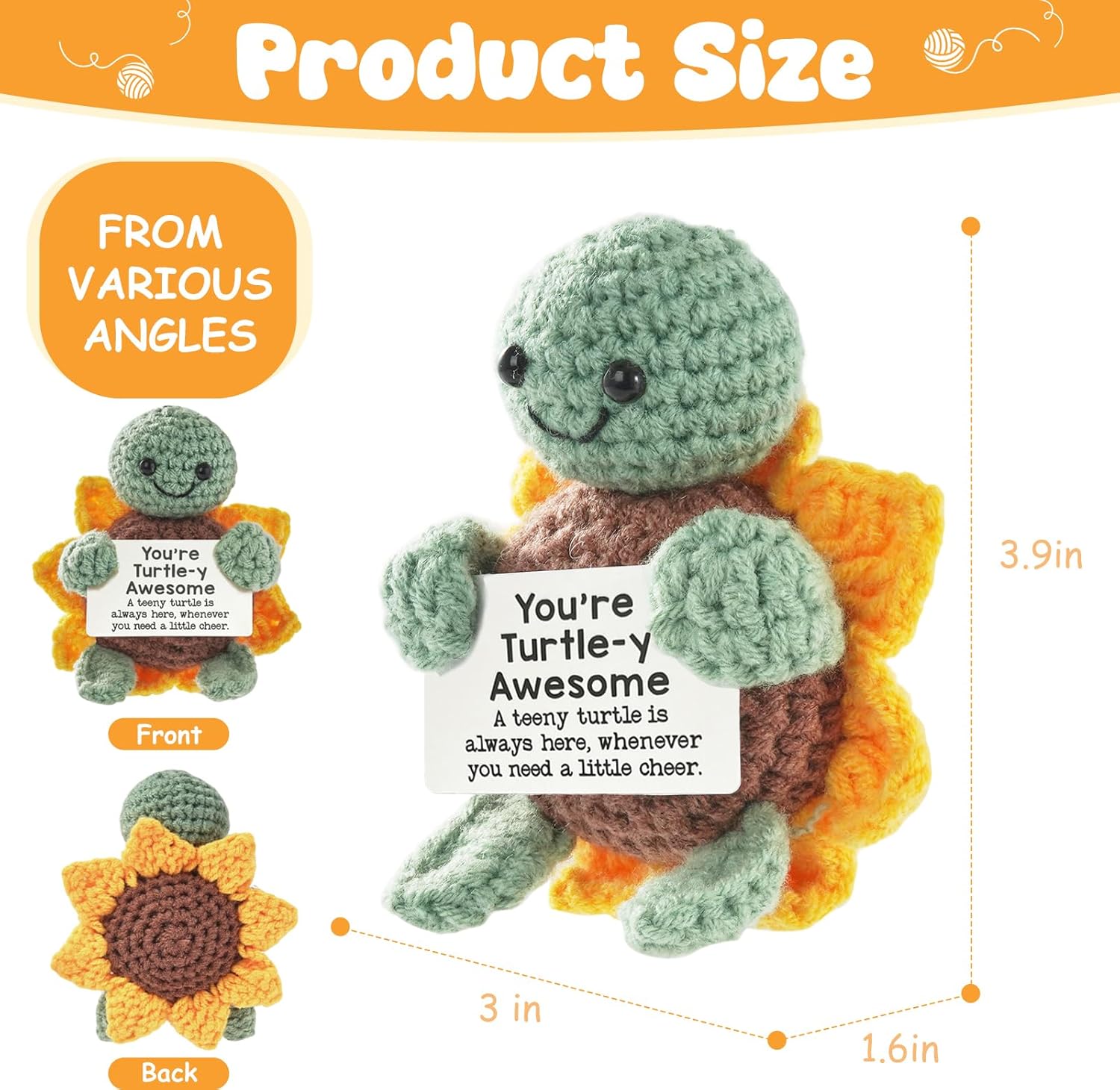 Funny Positive Turtle Gifts – Handmade Crochet Animal Plush with Positive Message – Cute Small Gift for Women,Men,Kids,Coworkers – Birthday,Holiday,Desk Decor - Image 7