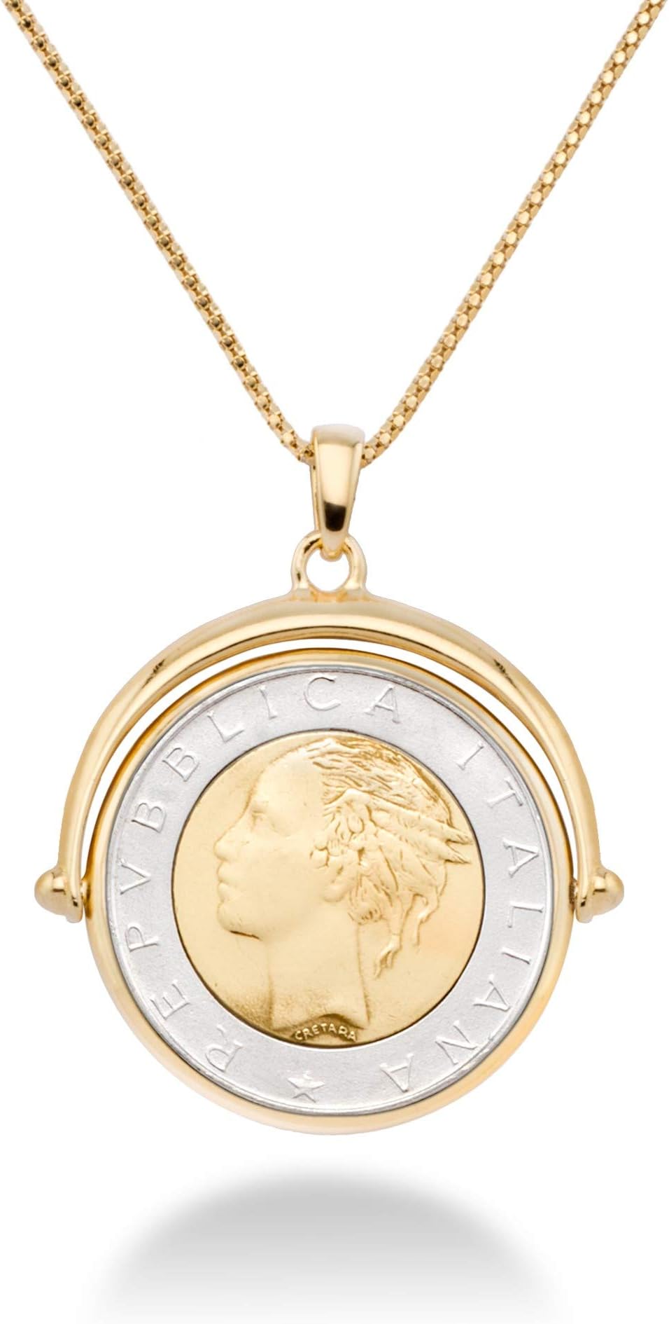 Miabella 18K Gold Over Sterling Silver Italian Genuine 500-Lira Reversible Flip Coin Pendant Necklace for Women,18, 20 Inch Chain 925 Medallion Necklace Made in Italy (18)