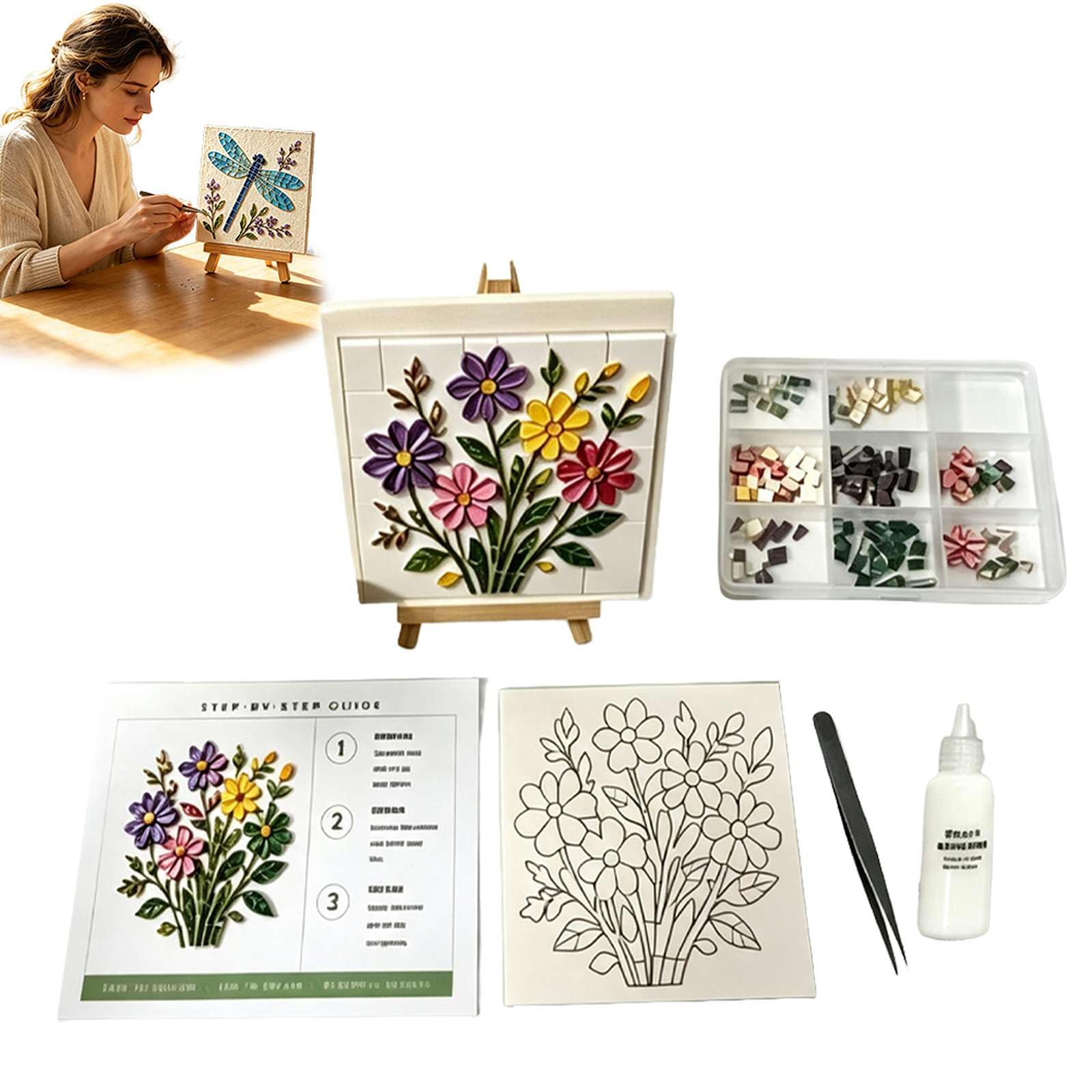 Cottage Garden Mosaic DIY Kit, Watering Can Mosaic Art Kit for Adults & Beginners, Relaxing Craft Hobby Set Includes Vibrant Beads, Glue, Tweezers & Display Easel, Home Table Decor Gift