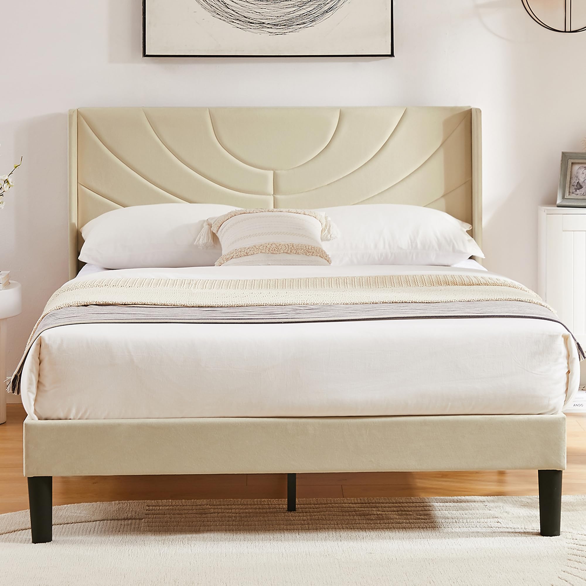VECELO Upholstered Platform Queen Bed Frame with Fabric Headboard,Wooden Slats Support/No Box Spring Needed/Mattress Foundation,Beige