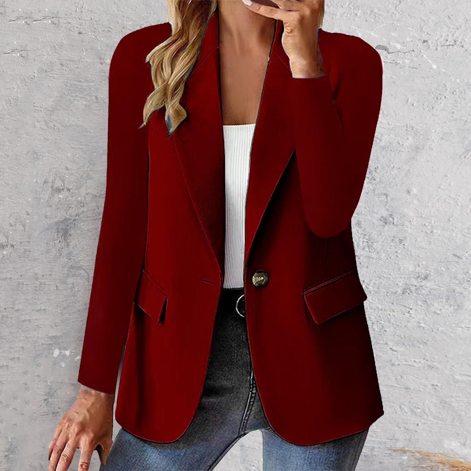 Blazer doublé pour femme - Cardigan surdimensionné à col rond boutonné de couleur unie avec poches et bouton pour femme - Blazer de travail avec ceinture