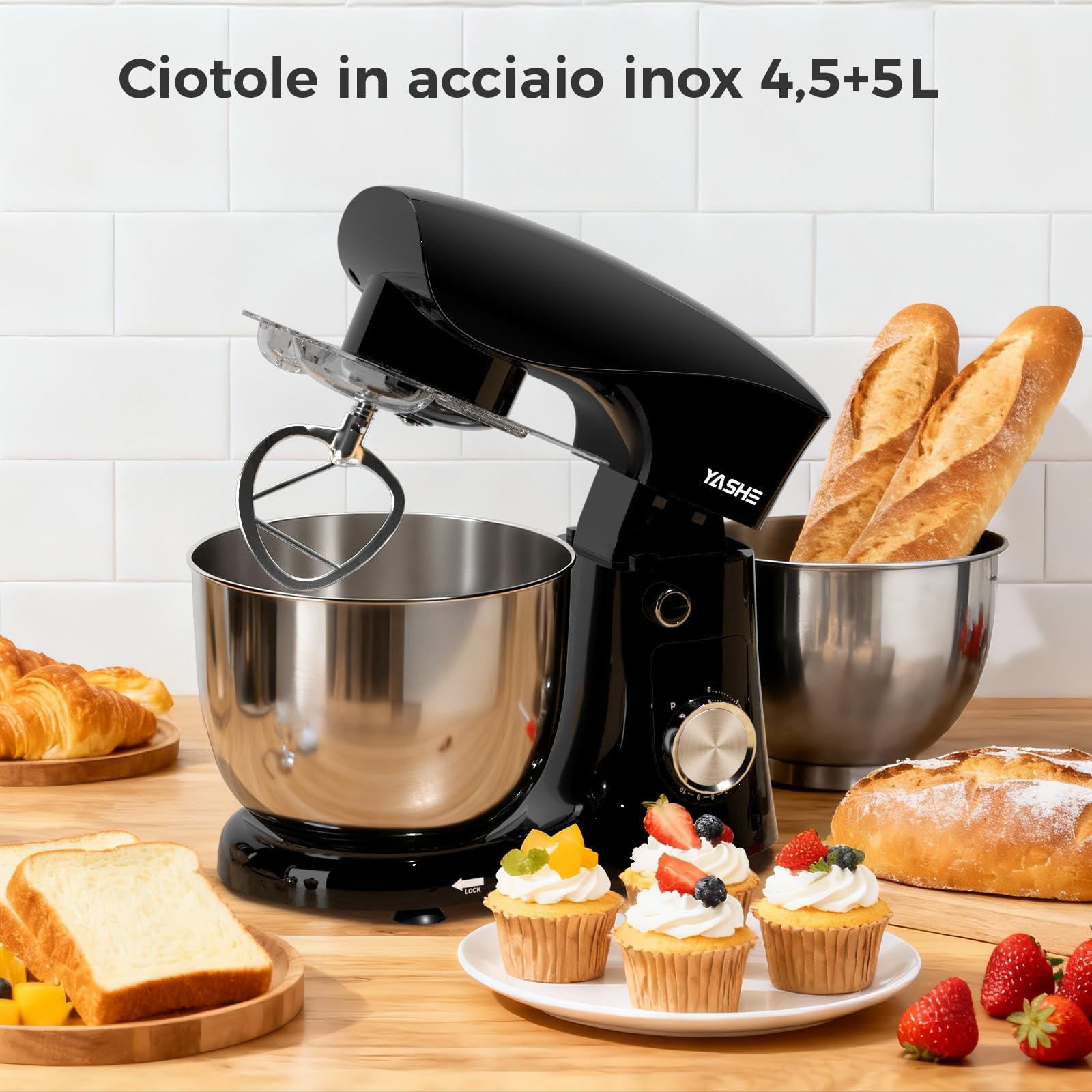 YASHE Impastatrice Planetaria 1500W, 2 Ciotole in Acciaio Inox 4,5L + 5L, 10+P Velocità, Testa Inclinabile, con Gancio Impastatore, Frusta e Sbattitore