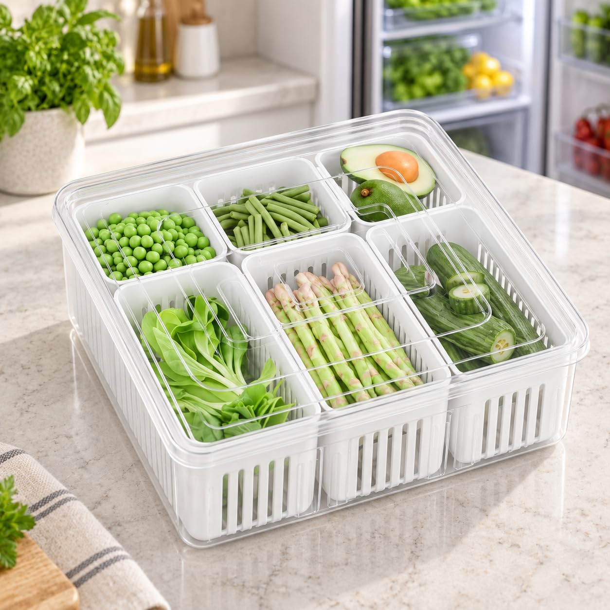 Flexcube Fridge Storage Boxes Freezer Storage Containers, Container for Kitchen Storage Set, Storage in Kitchen, Vegetable Storage, Draining Crisper Refrigerator Food Box (Large Box, 6 Gride)