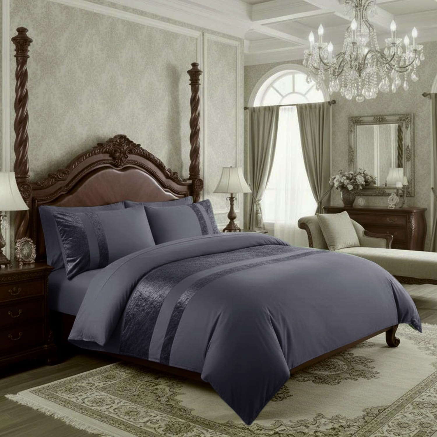 Casabella Luxury Crushed Velvet Panel Band Duvet Cover Sets with Pillow Case King Duvet Cover Bedding Set – Color Grey Crush Velvet King Duvet Cover Sets