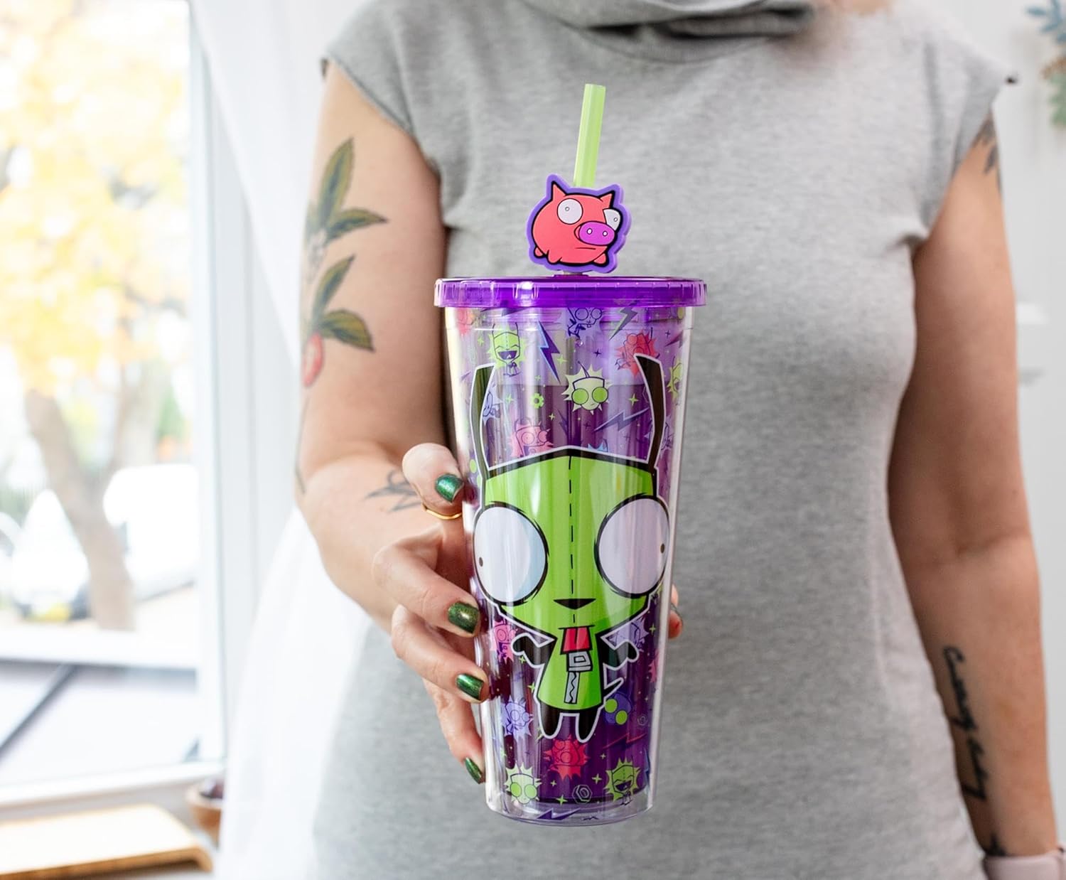 Silver Buffalo Invader Zim Gir Pattern Plastic Cold Cup with Lid and Straw Topper, 24 Ounces - Image 7