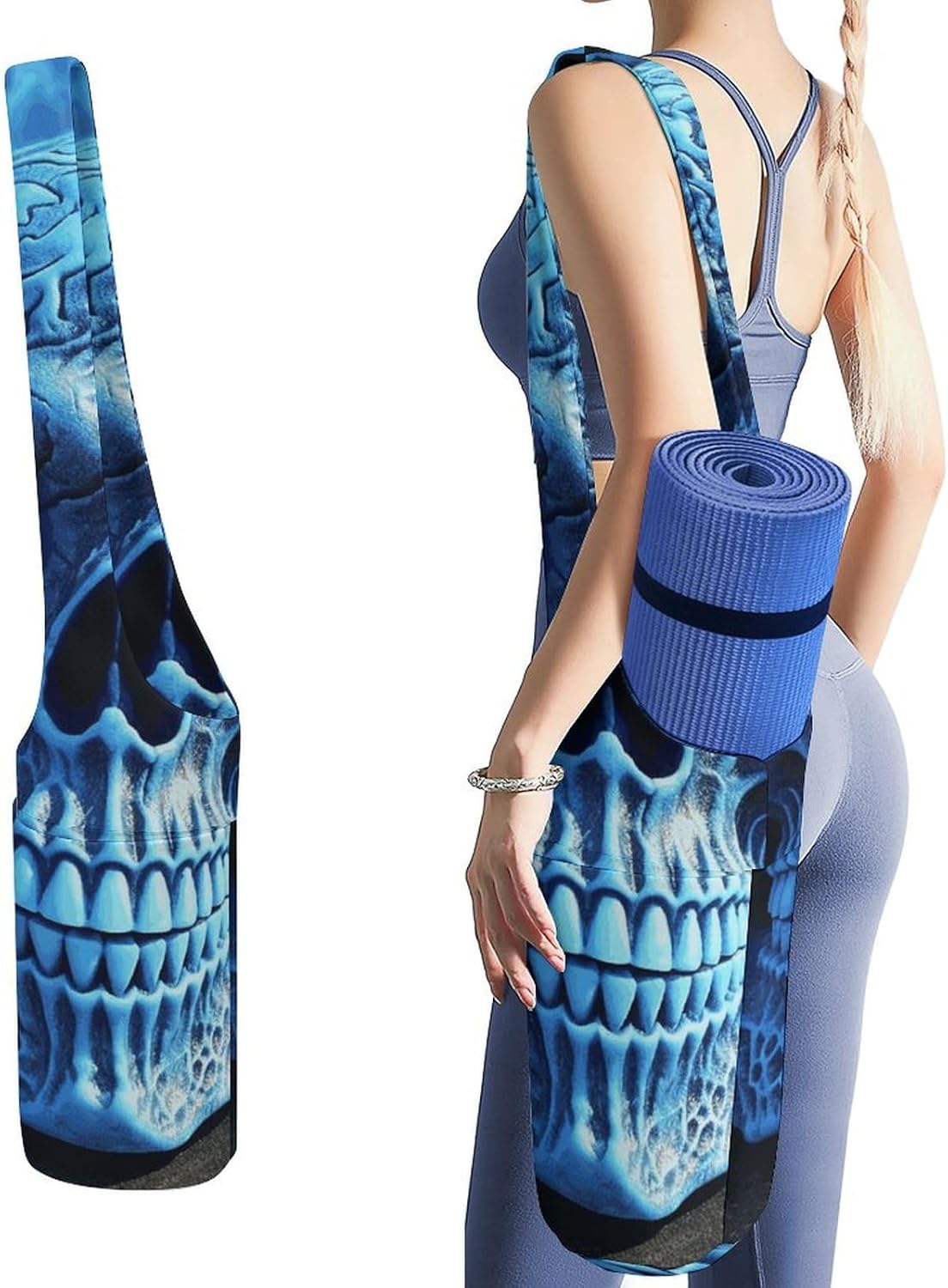 3D Print Blue Skull Yoga Mat Bag Long Tote Yoga Bag with Large Side Pocket Yoga Mat Carrier Fit Most Size Mats