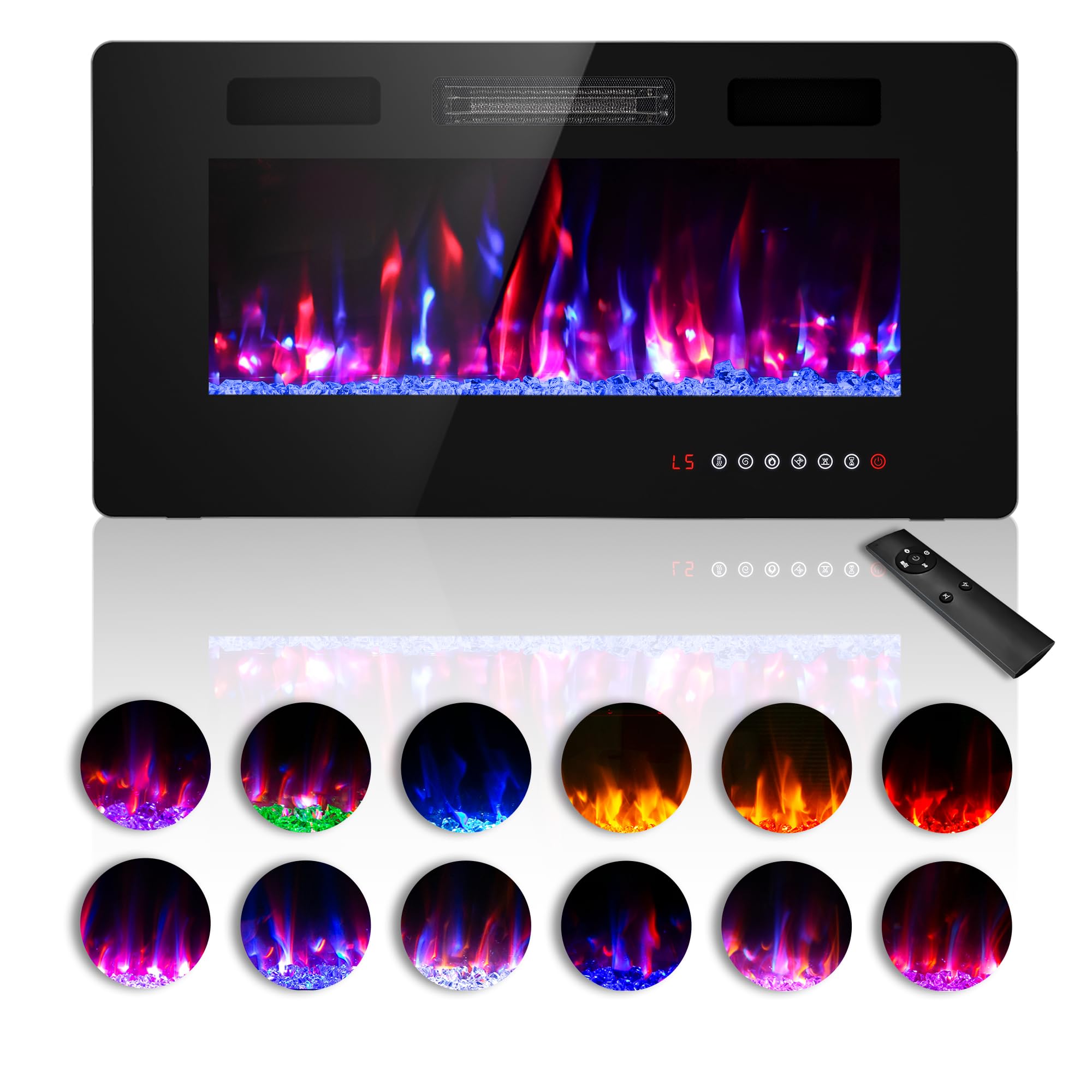 36 inches Electric Fireplace-Wall Fireplace for Living Room-Small Fireplace Inserts/Wall Mounted with Remote Control, Timer, Dimmer, 12 Flame Colors, 750/1500W, 4.2'' Thin