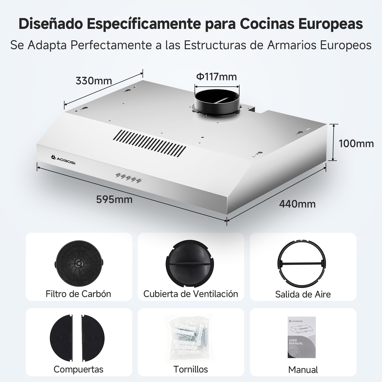 AAOBOSI A++ Campana Extractora 60 cm, 3 Niveles de Potencia, 230m³/h Extractor Cocina, Filtro de Carbón, Iluminación LED, Acero Inox Silver