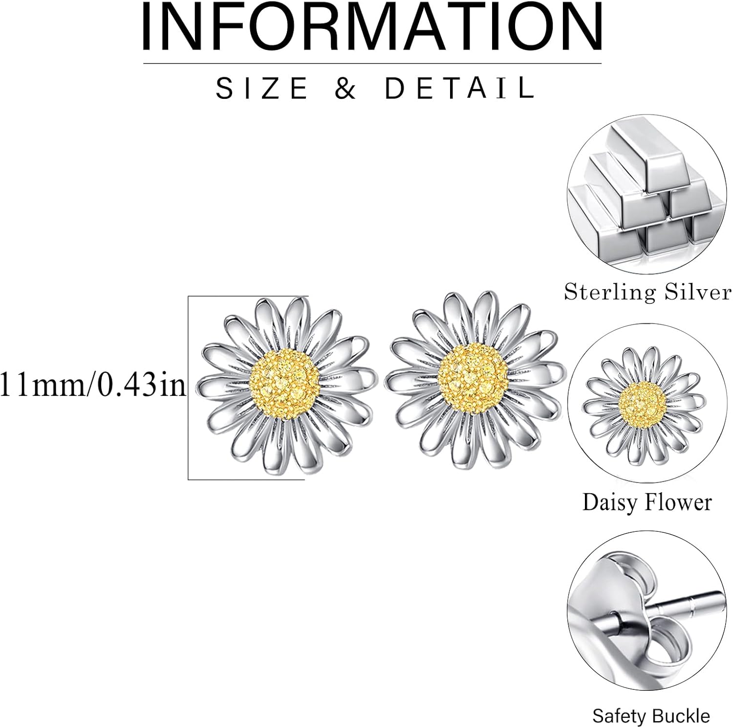 Dreamboat Daisy Stud Earrings for Women 925 Sterling Silver Hypoallergenic Sensitive Ears Daisies Daisys Flower Earring Anniversary Mothers Day Jewelry Gifts for Wife Her