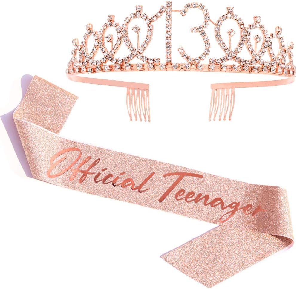 ADBetty Official Teenager Sash & Rhinestone Tiara Set - Rose Gold Glitter 13th Birthday Gifts Birthday Party Supplies