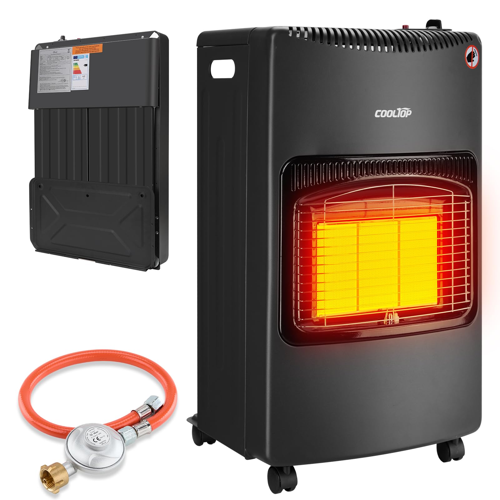 Cooltop 4200W Keramik Gasheizer, Gasheizung Für Innenräume, Heizstrahler Gas Für Butan-oder Propangasflaschen bis 15kg, Ohne Gasflasche, inkl. Druckregler, Gasschlauch (Schwarz)