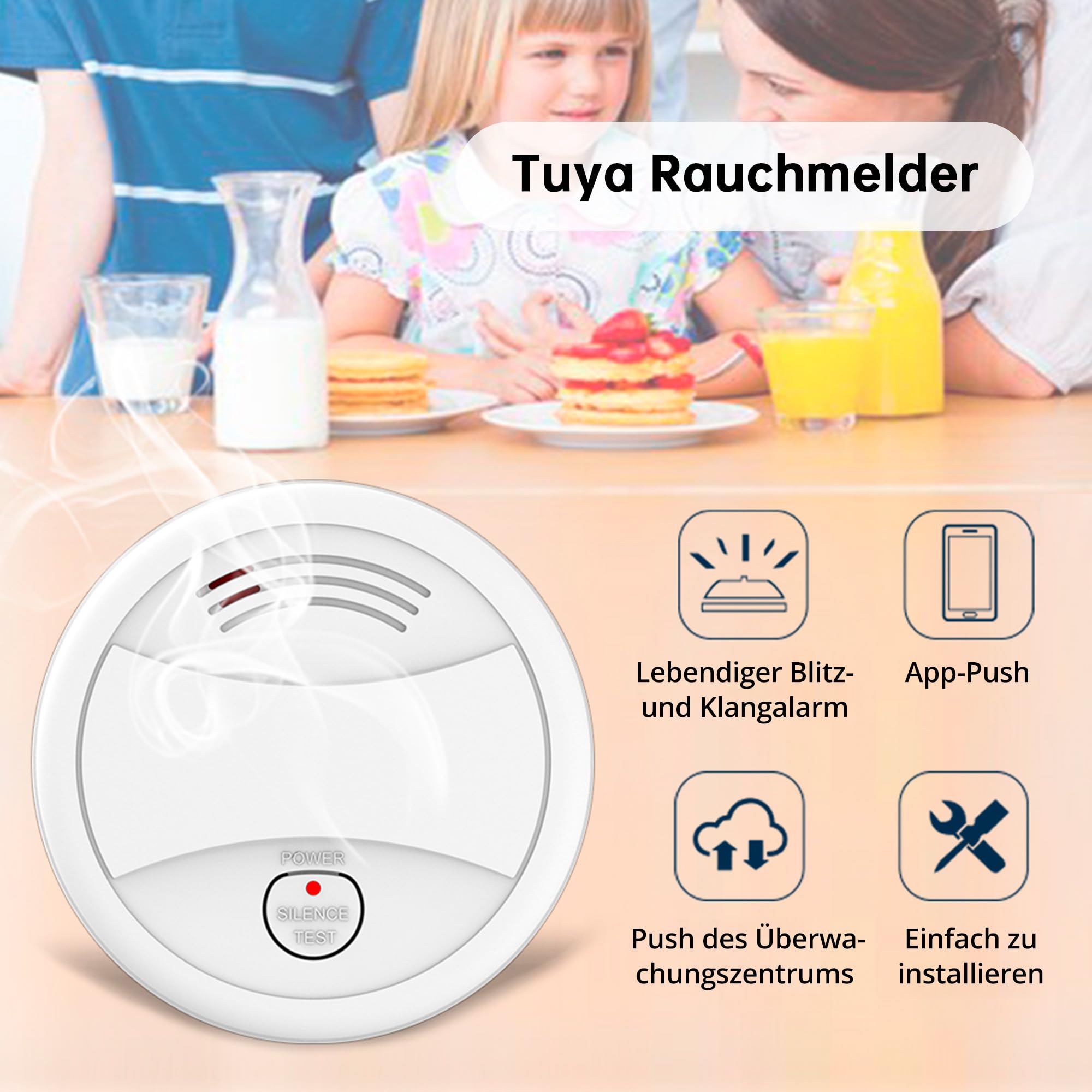 Verbesserter Rauchmelder WLAN mit App und Austauschbarer Batterie, 85dB Rauchmelder Smart Geeignet für Schlafzimmer und Werkstattküche（6 Stück）